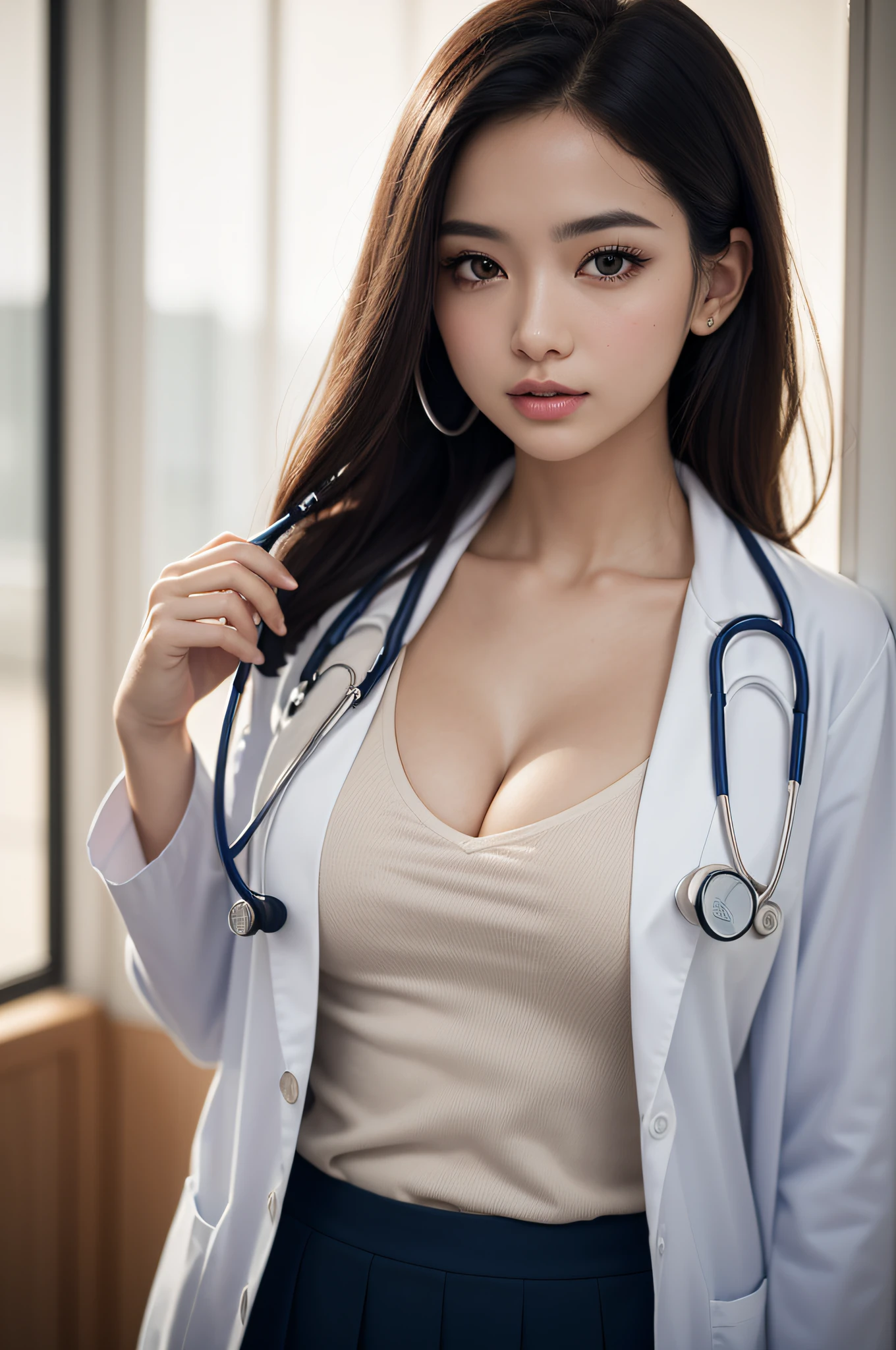 Photorealistic beautiful doctor、stunningly beautiful、Over the shirt Doctor's lab coat,, (top-quality、8K、32K、​masterpiece、nffsw:1.3)、超A high resolution,(Photorealsitic:1.4),Raw photography, Detailed face,,Beautiful hair, ((Doctor Style)), , tight skirts、 Natural makeup, Breast cleavage, large full breasts、inside hospital, Detailed background, Perfect Lighting, depth of fields, Beautiful shadow gradient,stethoscope ,