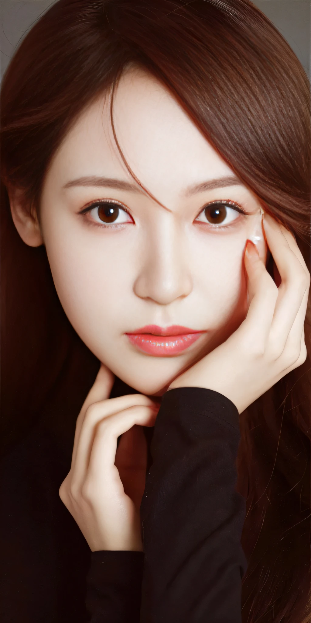 a close up of a woman with long hair and a black shirt, beautiful Korean women, popular korean makeup, young lovely Korean faces, Beautiful young Korean woman, Gorgeous young Korean woman, dilraba dilmurat, with cute doting eyes, Popular Korean makeup, Attractive female face!!!, girl cute-fine face, beautiful aesthetic face