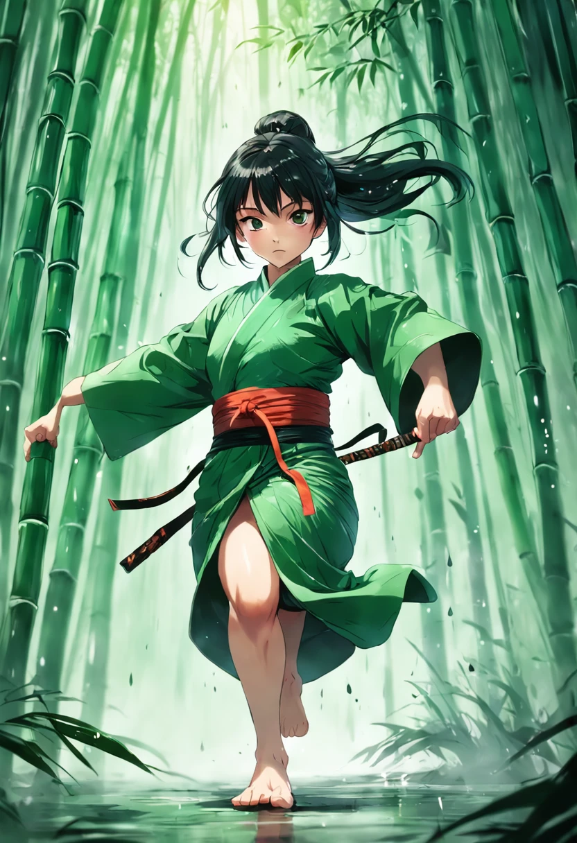 1 girl, kung fu, green bamboo forest, surrounded by rain, illustration style, motion blur, long exposure fullbody, exquisite facial features, Chinese styleink style, martial arts style, selective focus, panorama, (Bokeh:1.5)
