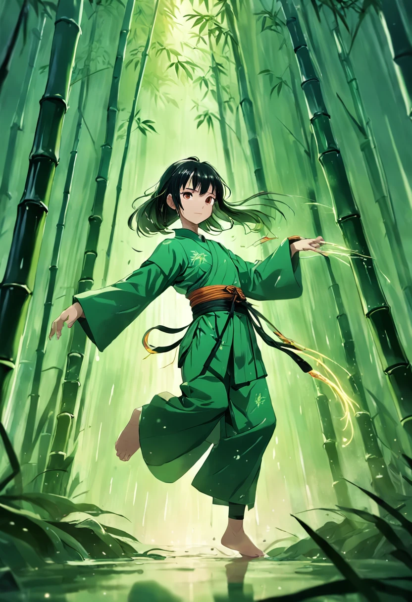 1 girl, kung fu, green bamboo forest, surrounded by rain, illustration style, motion blur, long exposure fullbody, exquisite facial features, Chinese styleink style, martial arts style, selective focus, panorama, (Bokeh:1.5)