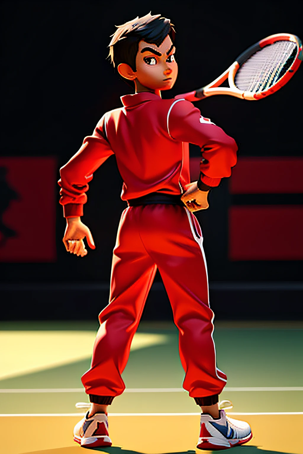 Asian athlete full body,Back Shadow,Take a racket,Look up,red track suit,3D modeling,Arena,32k ULTRAHD