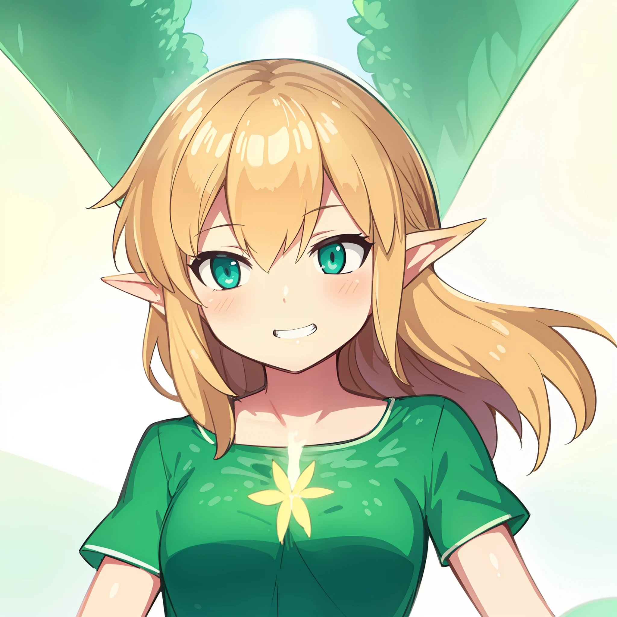 sorceress. Face cute grin. white transparent wings. blonde woman. Cyan eyes. Playful face. Green dress with knots. against the background of the forest and the sky