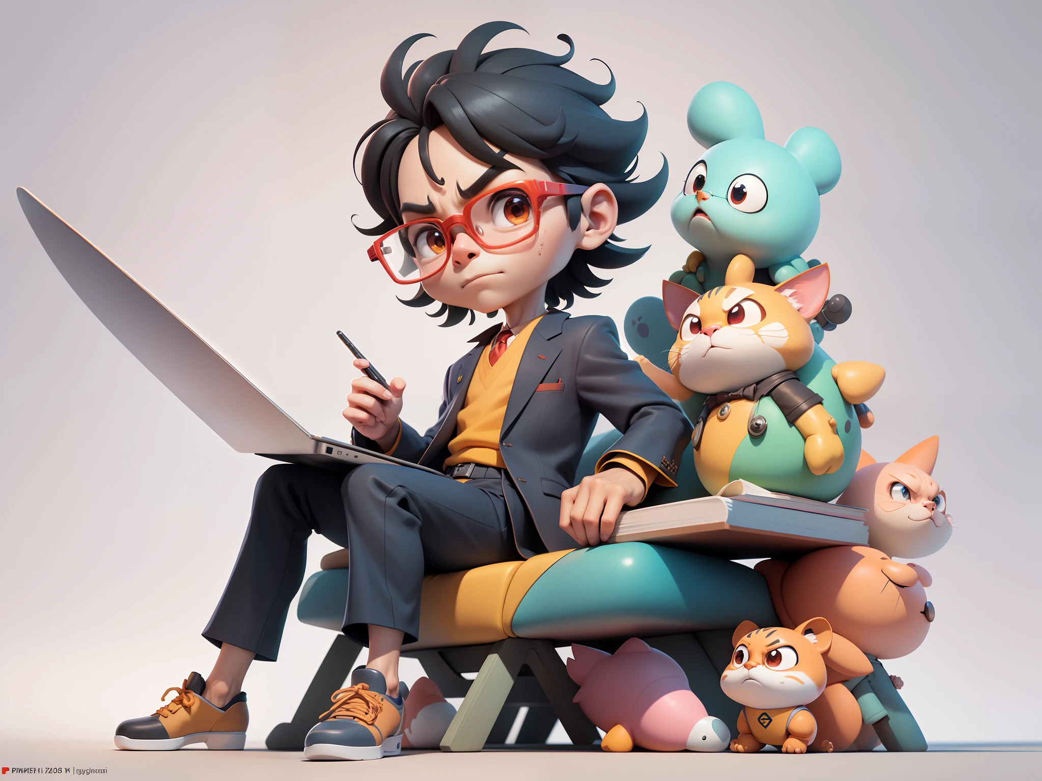 A young man in a suit, Short hair and glasses sat at his desk,holding laptop,digitial painting,tigre,3D character design by Mark Clairen and Pixar and Hayao Miyazaki and Akira Toriyama,4K HD illustration,Very detailed facial features and cartoon-style visuals。