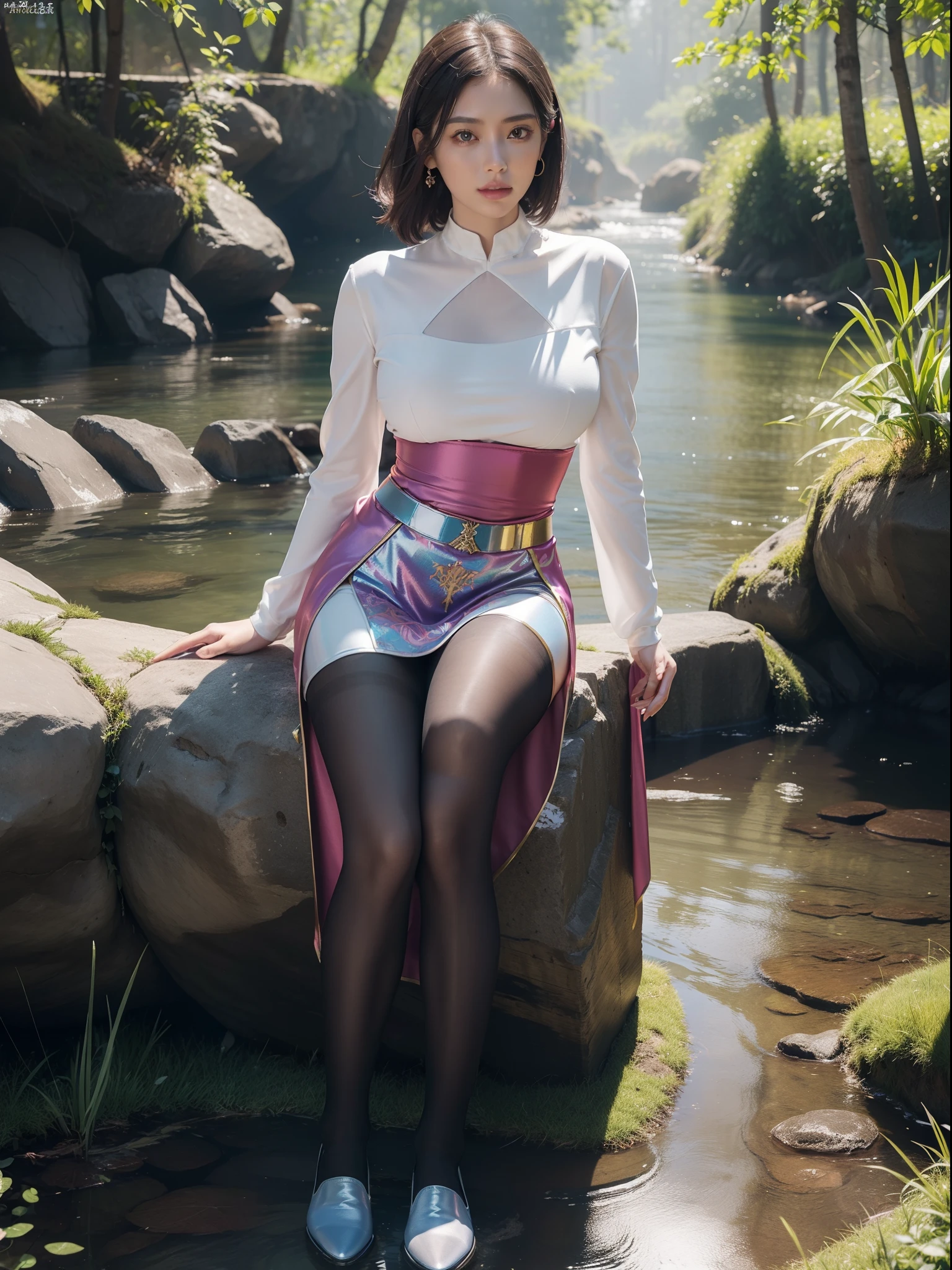 (full body:2)，(1girl:1.3),(view the viewer:1.4)，(anatomy correct:1.5),(Sitting by the creek,:1.35),(Polished Satin finish pantyhose:1.4),(A mature and sensual woman Wear printed fantasy soldiers SET and polished Uniform women's leather shoes :1.35)，(A woman with large buttocks, breasts, and a slender waist:1.4), (Light particle effect:1.3),(In pink | amarelo | blue colors| green color |red color | white colors| black in color| purplish color| greys| Beige| Flesh color 1.4)，(Glowing eyes:1.3),(Large amplitude action: 1.3)，(Accurate and perfect face:1.4),hyper HD, Ray traching, reflective light，structurally correct, Award-Awarded, high detail, lighten shade contrast, Face lighting ，cinmatic lighting, masterpiece, super detailing, high quality, high detail, best quality, 16k，High contrast,