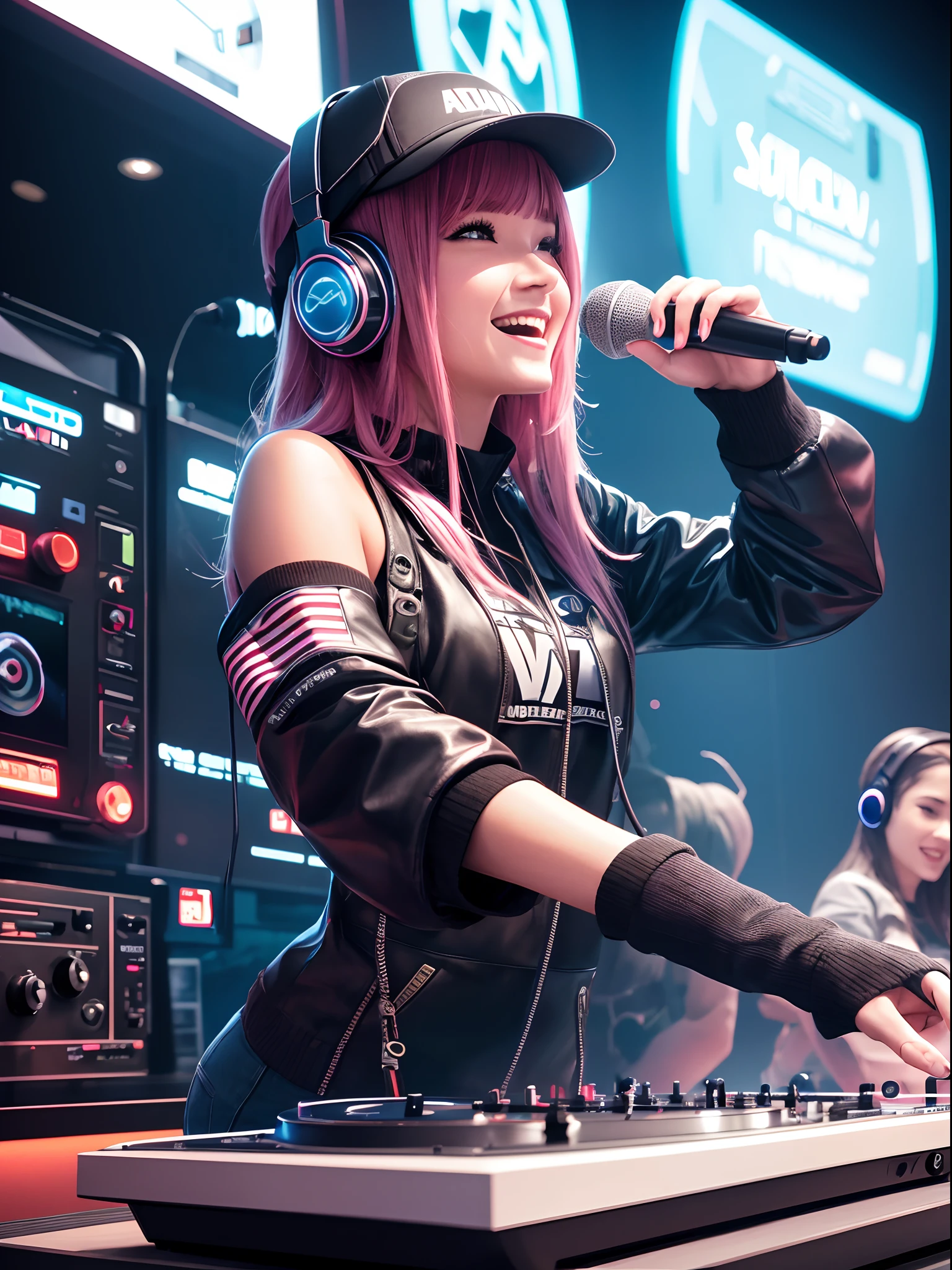 A young female DJ wears a vinyl record player on a sci-fi DJ table，（The upper part of the body：1.5）, Look at the crowd，Cybernetics enhances the highly detailed futurists on the stage table，She wears futuristic clothing and double-sided hearing headphones，She wears a Rosotto hat on her head，Laugh excitedly，dynamic viewing angle，