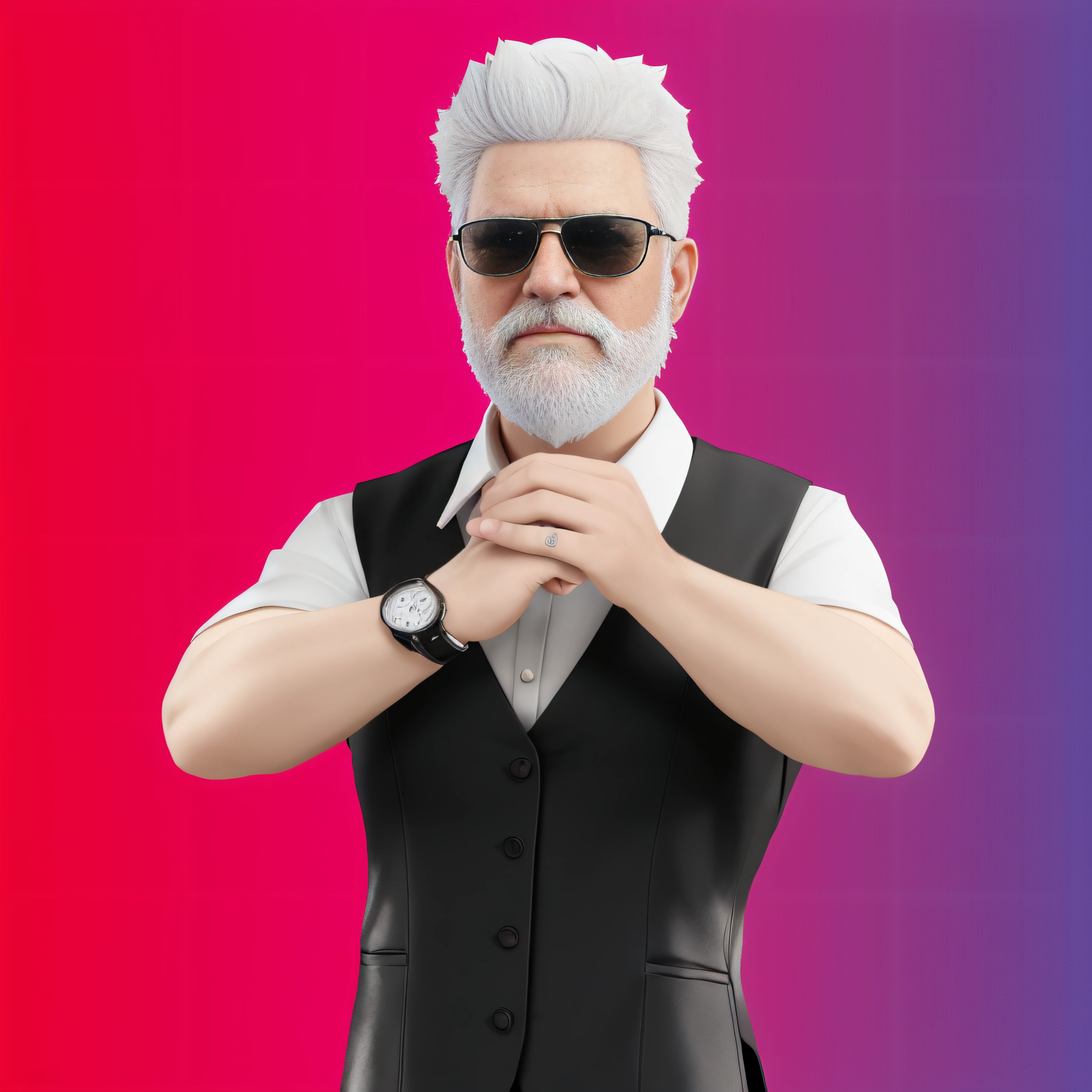 There was a man with a beard and a vest, 3d render senior artist, gray hair and beard, White hair and white beard, handsome stunning realistic, 3d character realistic, silver hair and beard, 3 d character render, short white beard, dark grey haired man, 3 D rendering character art 8 K, jay leno with gray skin