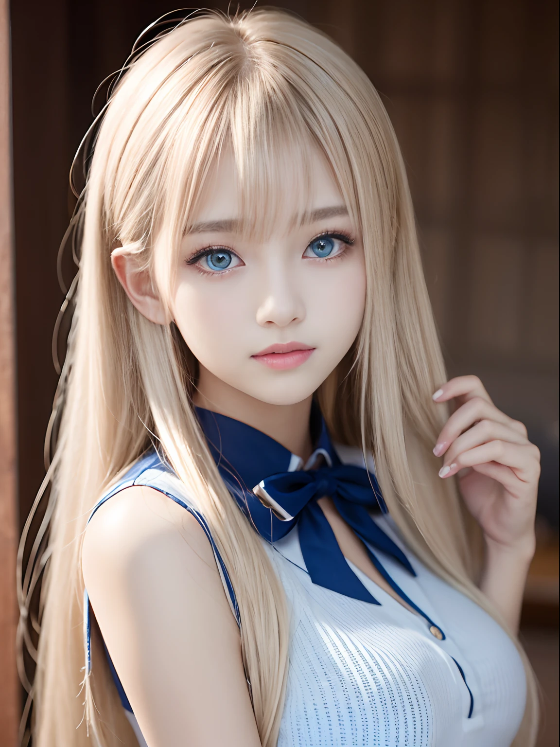 portlate、School Uniforms、bright expression、Young shiny shiny white shiny skin、Best Looks、Blonde reflected light、Platinum blonde hair with dazzling highlights、shiny light hair,、Super long silky straight hair、Beautiful bangs that shine、Glowing crystal clear attractive big blue eyes、Very beautiful nice cute girl、Lush bust、