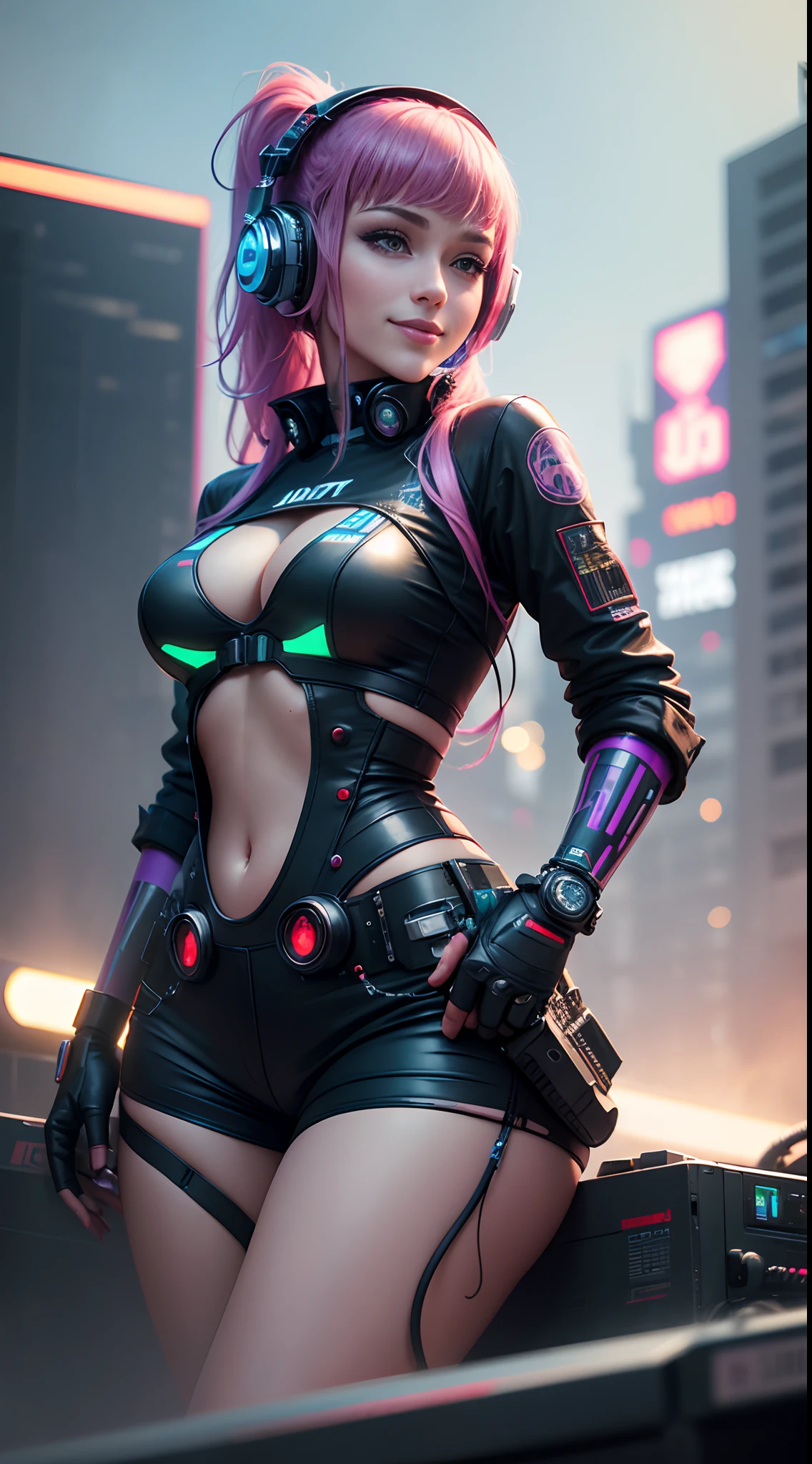 Long-range shots,wide wide shot,(Best quality), (Masterpiece), A beautiful cyberpunk woman,Robotic arm,The mixer is on the body,(Female DJ)Hefty Smile,DJ headphones, Outdoor music festival,A large audience watched the female DJ --auto