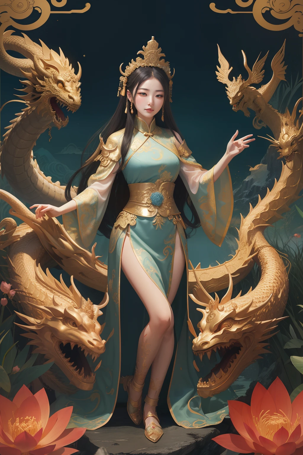 an ancient Chinese goddess, guanyin of the southern seas, Guanyin, Inspired by China, Avalokiteshvara rides a dragon,,Serene expression,shui mo hua,Buddha,Buddhist,Lotus,Chinese painting style,Thangka style