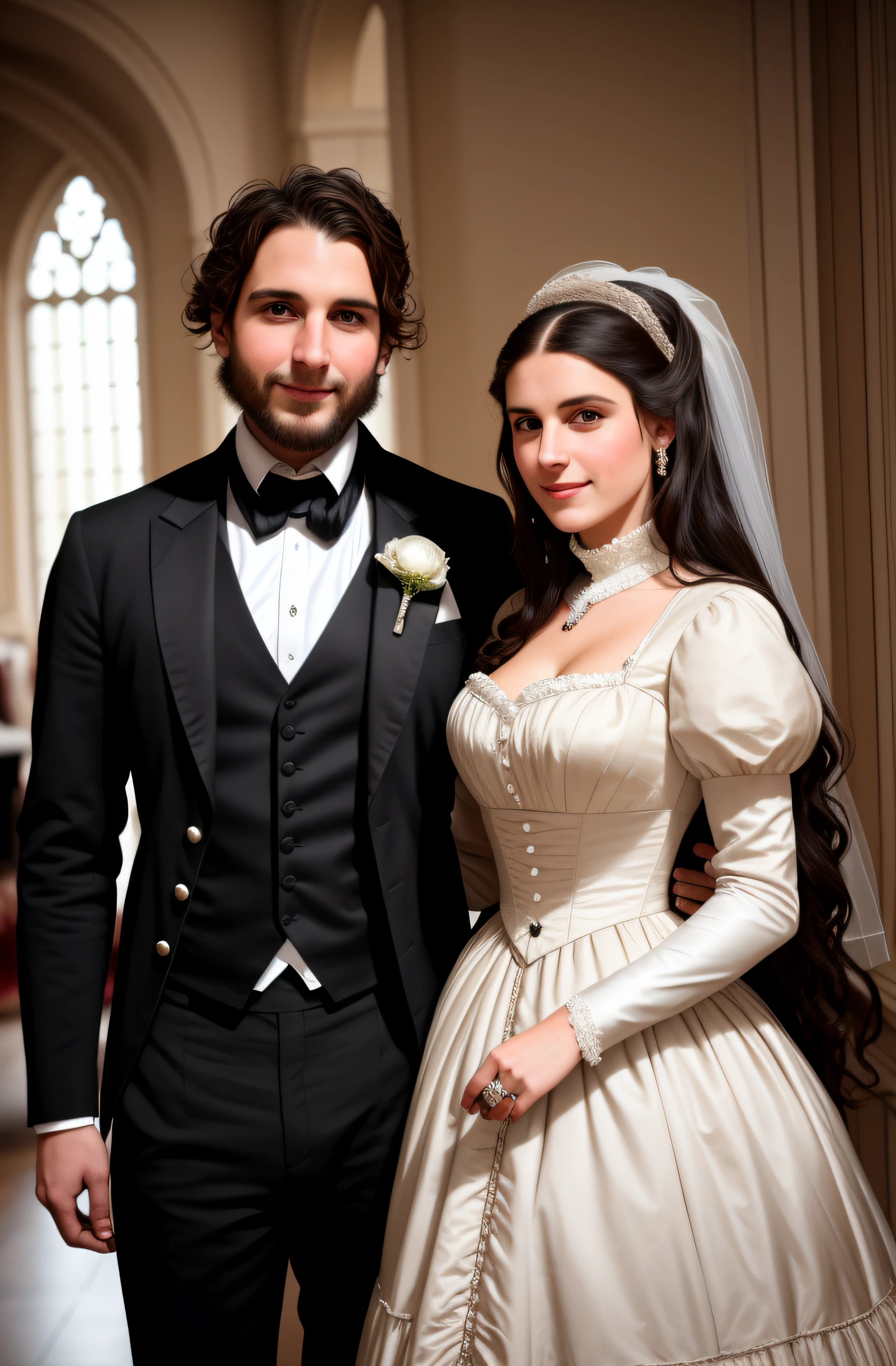 The bride and groom pose for a group photo in the hall in formal attire, both wearing victorian clothes, wearing victorian clothes, inspired by Francesco Hayez, Wear 1 8 5 0 s clothes, wearing 1850s era clothes, wearing 1 8 5 0 s era clothes, Victorian clothes, victorian style costume, Wear 1 8 6 0 s clothes
