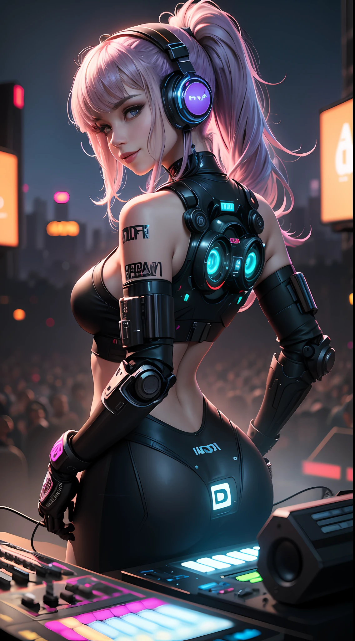 ((masterpiece, best quality, 4K, 8K)), solo, (cybergirl, robot girl, metal skin, sliver skin), (cyborg:1.1), rainbow hair, (gasmask), cyber implants, robotic legs, robotic arms, gradient hair, multicolored hair, body tattoo, one side shaved, on the roof, night, neon, cyberpunk city, black leather jacket, cyber arms, cyber legs, large breasts,show areola nipple, crop top, underboob,thong,back view
