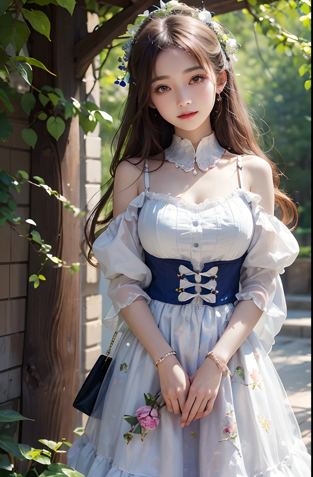 (A masterpice、Best quality at best、illustratio、Extremely high quality、High picture quality、Extremely sensitive writing)Girl with long silver hair standing in beautiful flowery garden、A slight smile、She has a large bouquet、Cute traditional costume style camisole vest，Low-cut vest，Bigchest、There are ruffles on the shoulders、cropped shoulders、Low hair flutters in the wind、Beth、Above Knees、