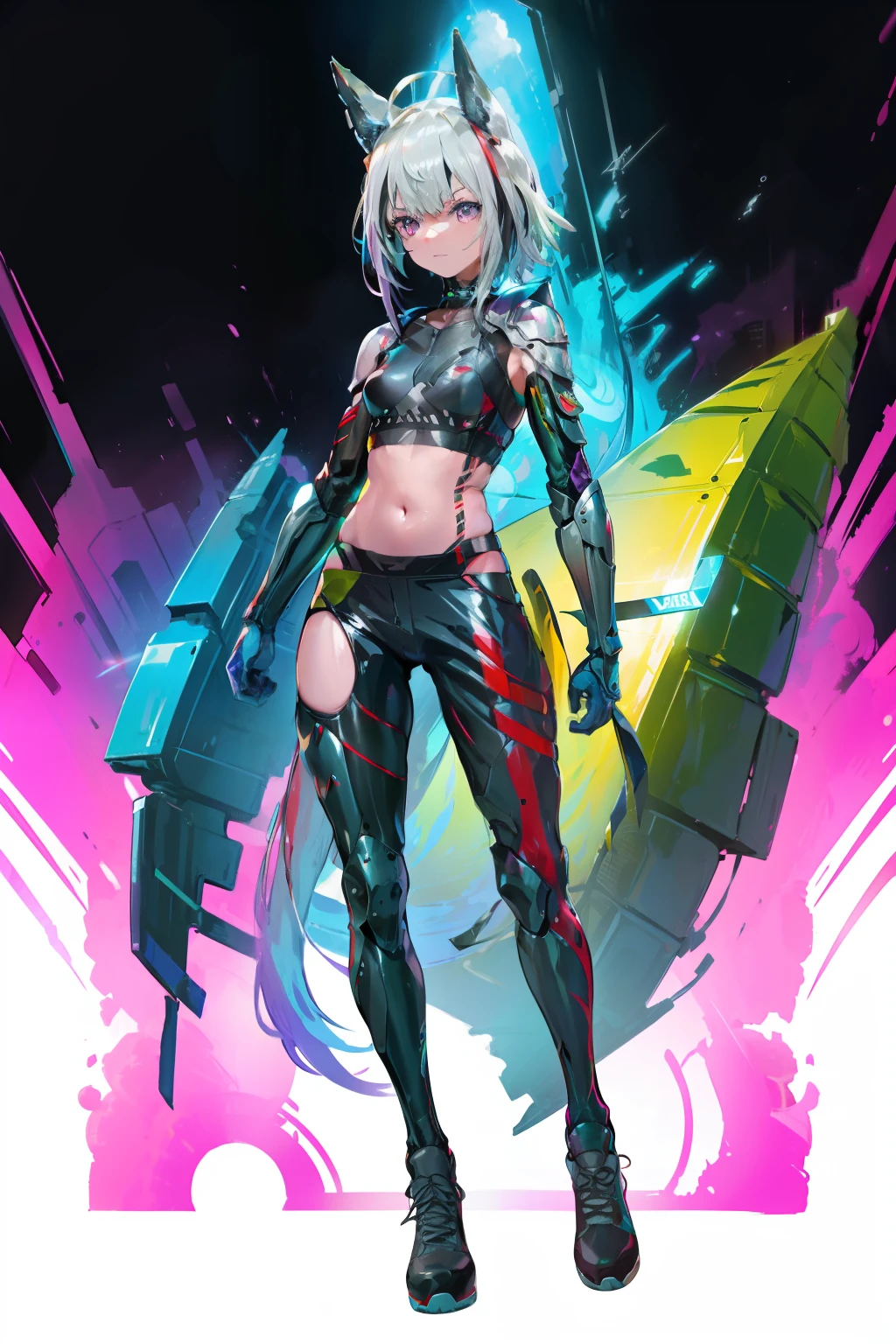 Mantis shrimp woman, large augmented fist rainbow outfit, antennae, full body armor, heavy punching fist, cyberpunk