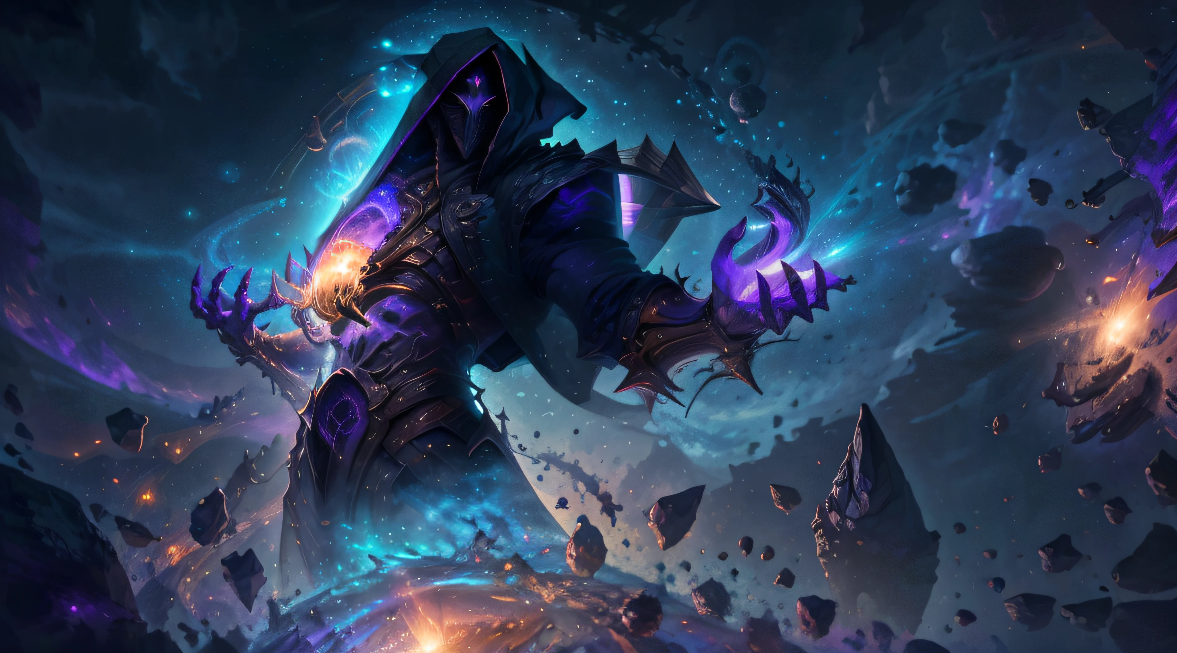 "One celestial muscular being in the center of the picture with a hood over and in hands there is brandishing magic with the luminosity of distant galaxies" ,best quality, masterpiece, ultra high res, (photo realistic:1.4), surrealism, dream-like,V0id3nergy,
a fantasy creature, Shadowdancer, shadow magic, darkness control, stealth, shadowstep, umbral spells.