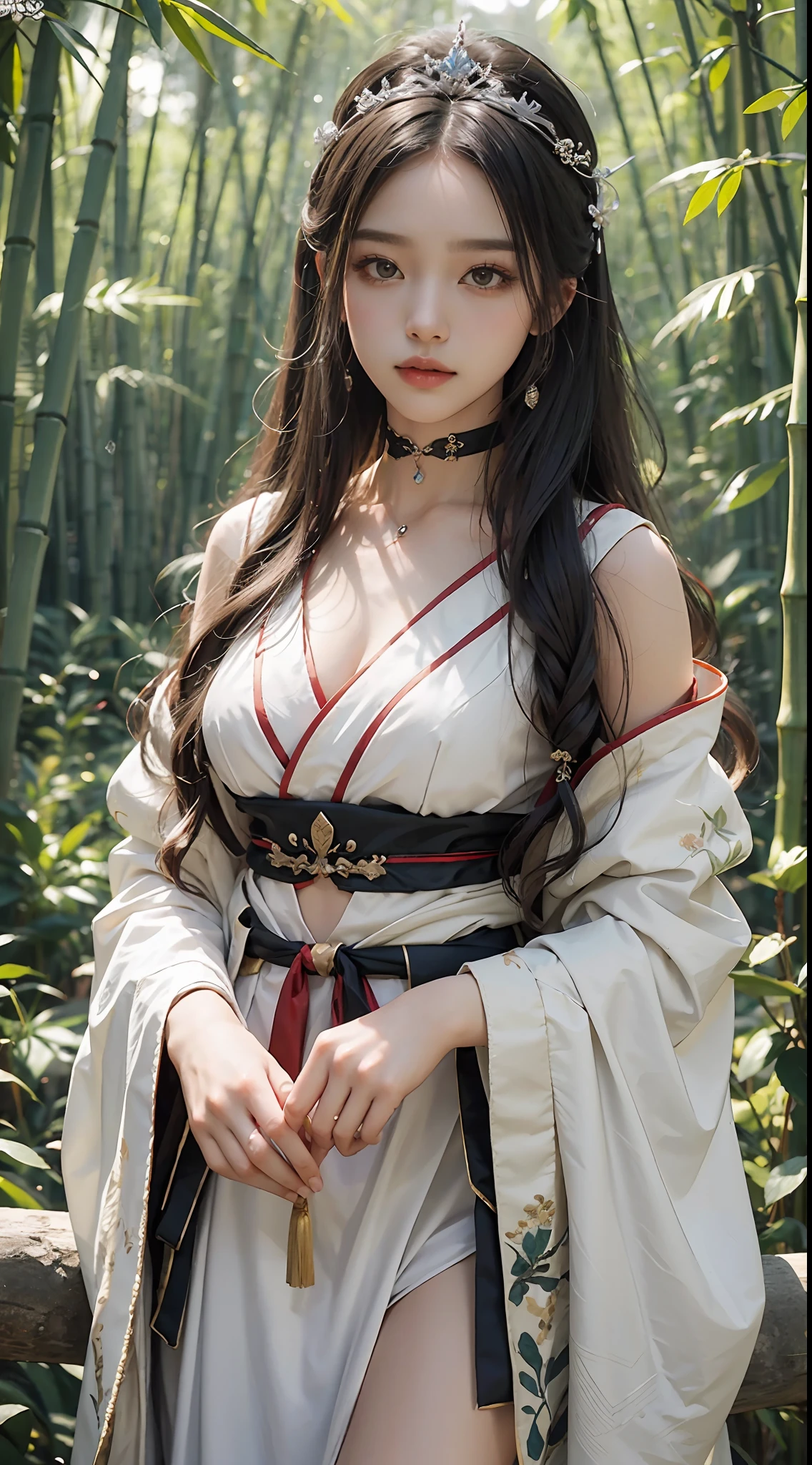 photorealistic, dynamic pose, shot from the ground, high details, 1girl, delicate face, innocent, pale skin, skinny, (butterfly headband,):1.2, (long hair with full bangs):1.2, (((rope choker), modern white kimono, huge rope belt, (red linen short shorts with open sides):1.2, (black thigh highs)):1.2), panty visible, (small waist):1.3, ((wide thigh gap):1.3, (wide thighs):1.2), masterpiece