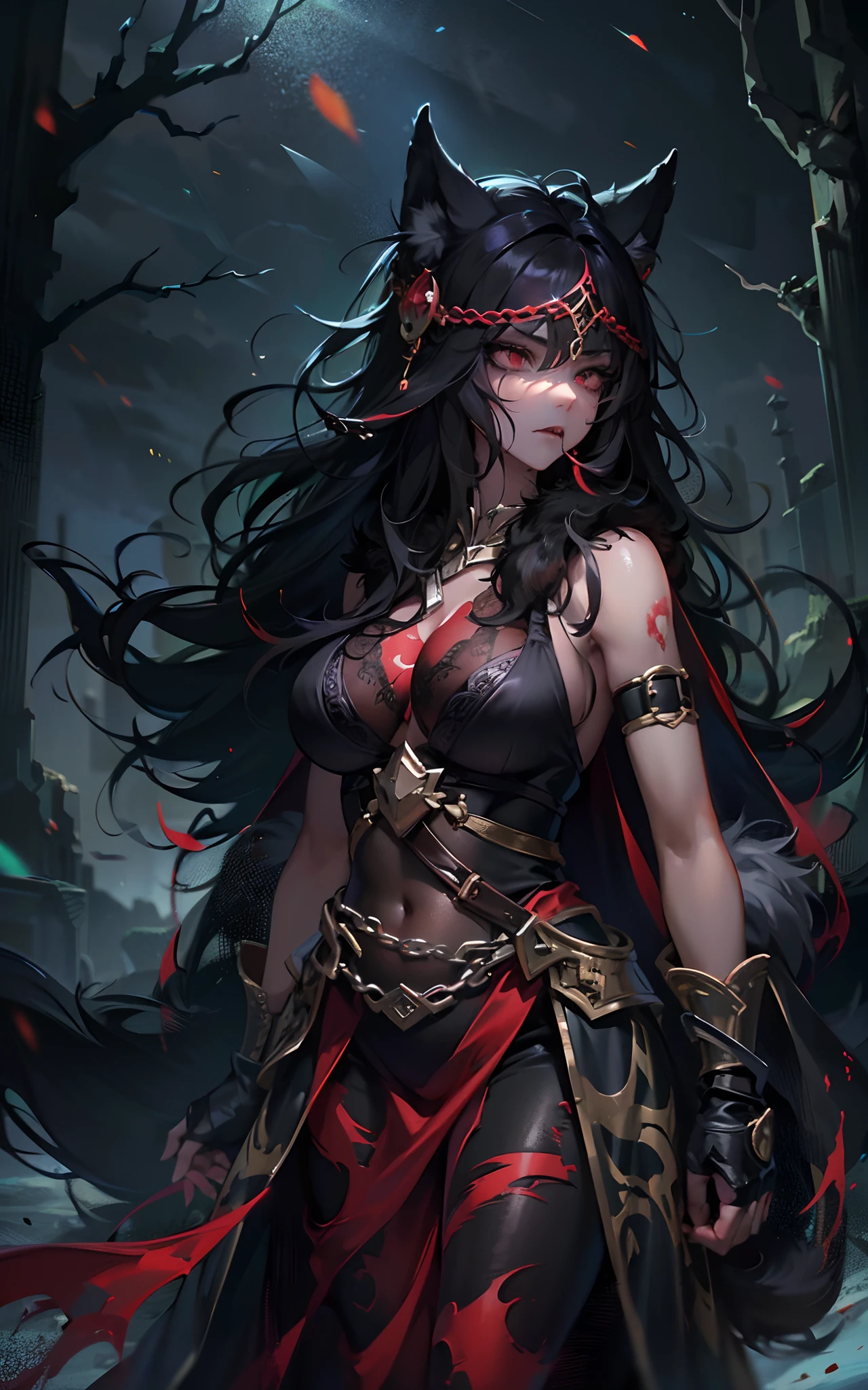 fenrir，(Giant Wolf)，Peerless beauty，Beast-eared maiden，A MILF，Giant monsters，Devour the gods，Ogre，Warcraft，Ragnarok，The end of the world，Norse mythology，(Dark style，It gives a feeling of extreme oppression)，(Ferocious，brutality)，((((Pitch-black fur))))，Blood-red eyes，frenzied，Very ancient，Imprisoned，Lie on the ground，Extremely strong，musculous，(Chained)，Beautuful Women，(Clear eyes)，(Bigboobs)，Black messy hair，Fang，((Fierce expression))，struggling，Roar，(Face lighting，There are no shadows on the face，Bright face)，((tmasterpiece))，(Best quality at best)，(ultra intricately detailed)，(Highest definition)，(8K)，(Clean lines)，(Perfect facial features，Perfect flesh)