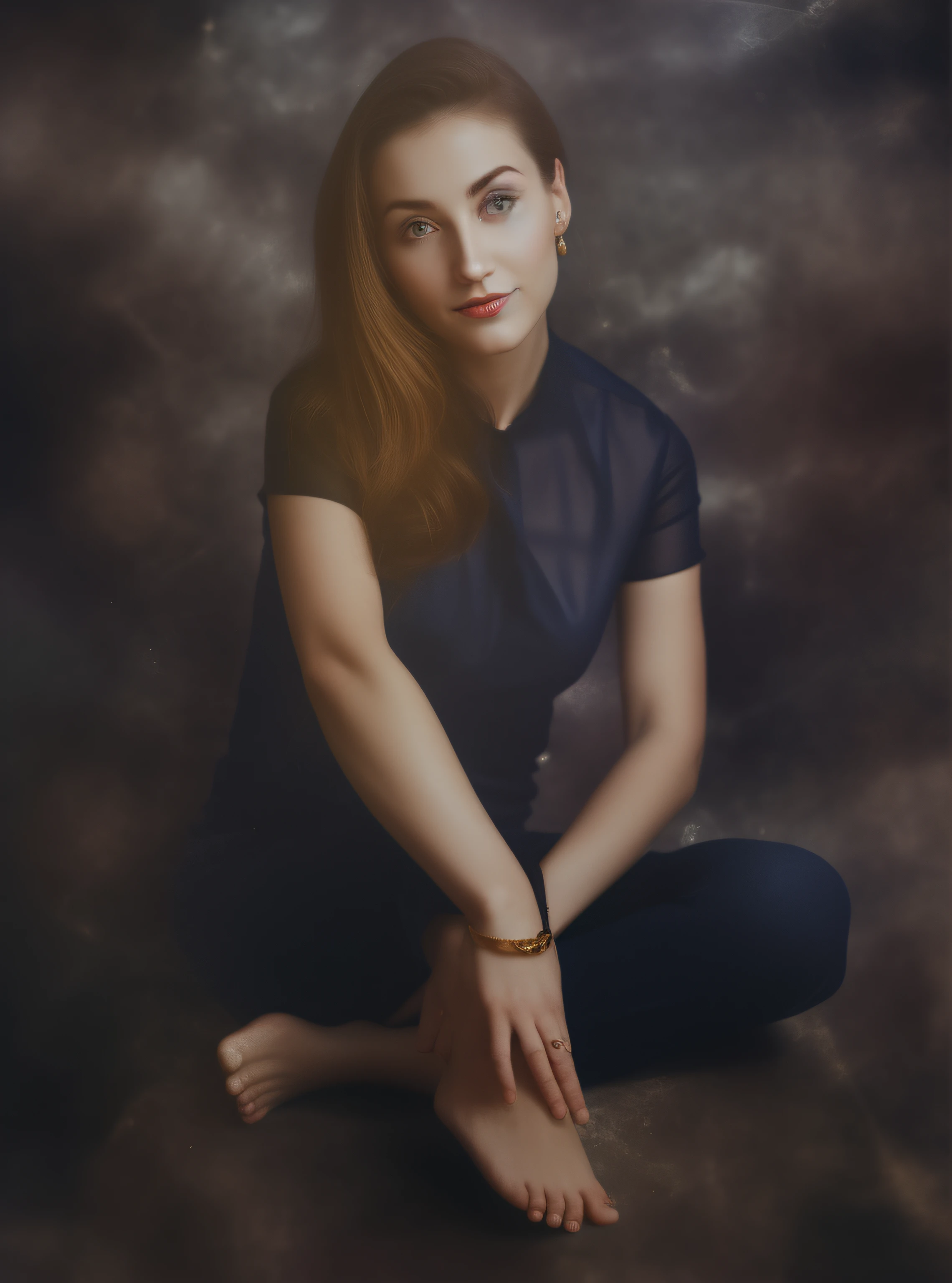 A Russian woman,Smooth blonde hair,Clear hair,Earrings are worn on the ears,He was dressed in dark blue transparent silk,Black pantsuit,The arms reveal delicate skin,A gold bracelet is worn on his wrist,One of the hands wears a ring on the middle finger,Sit with your legs crossed,Show your toes,Clear toes,Behind is a whole pattern background,The picture is clear,Picture coordination,Light and shadow are natural,Photo photos,portrait photo of an,retro tone