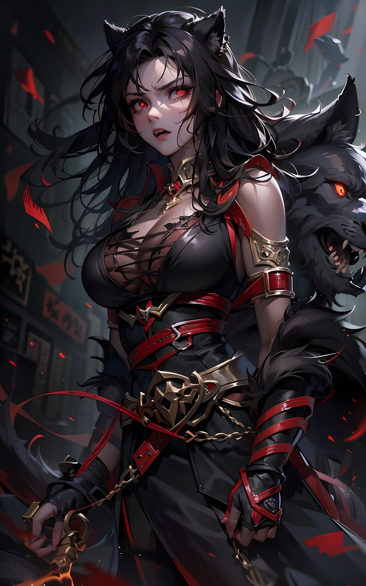 fenrir，(Giant Wolf)，Peerless beauty，Beast-eared maiden，A MILF，Giant monsters，Devour the gods，Ogre，Warcraft，Ragnarok，The end of the world，Norse mythology，(Dark style，It gives a feeling of extreme oppression)，(Ferocious，brutality)，((((Pitch-black fur))))，Blood-red eyes，frenzied，Very ancient，Imprisoned，Lie on the ground，Extremely strong，musculous，(Chained)，Beautuful Women，(Clear eyes)，(Bigboobs)，Black messy hair，Fang，((Fierce expression))，struggling，Roar，(Face lighting，There are no shadows on the face，Bright face)，((tmasterpiece))，(Best quality at best)，(ultra intricately detailed)，(Highest definition)，(8K)，(Clean lines)，(Perfect facial features，Perfect flesh)