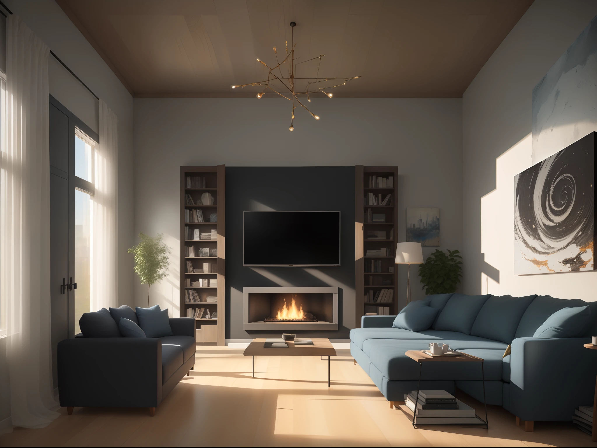 An architectural visualization of a stylish, modern living room rendered in Corona with photorealistic lighting and materials. The room has white walls, light hardwood floors, and large windows along the back wall overlooking a view of the city skyline. Against the windows there is a grey fabric sofa and two blue armchairs angled toward a modern stone fireplace in the center of the room. The fireplace mantel is black metal and has a large flatscreen TV mounted above it. On the right wall there is a bookshelf with a mix of books, decor items and plants. The left wall has a credenza console table below an abstract painting. The lighting is soft and natural with rays of sunlight streaming in through the windows. The materials and lighting are rendered in Corona with excellent detail, textures, depth of field, and life-like shadows