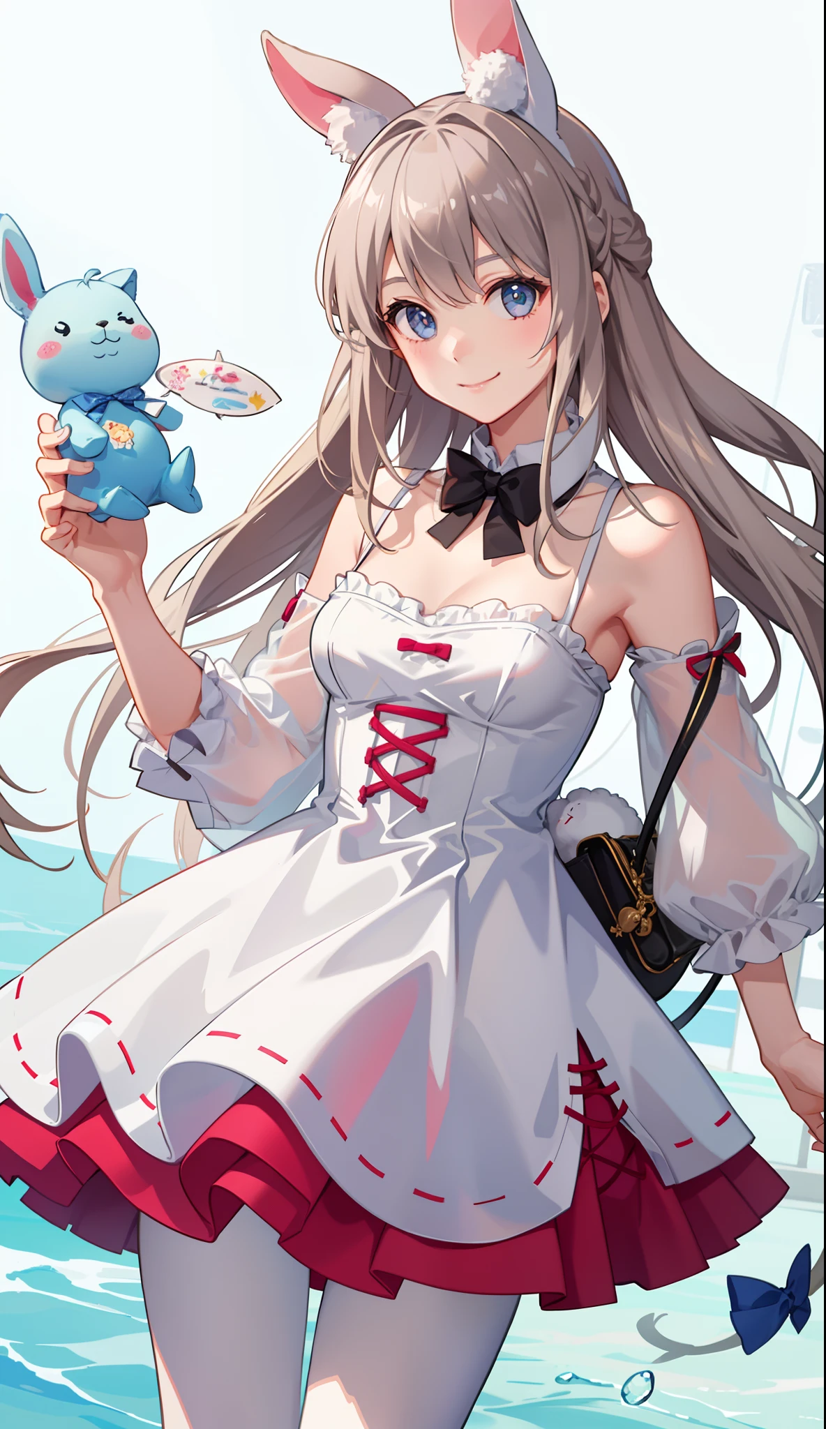 1girl in、A smile、A delightful!　Wearing a stuffed rabbit、