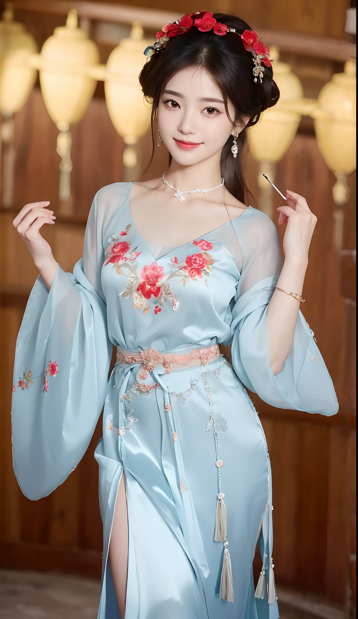((full body)), ((from below)), ((sitting position)), ((Sit on a barstool)), clear face, pretty face, 8k, masterpiece, original photo, best quality, detail:1.2,lifelike, detail, Very detailed, CG, unified, wallpapers, depth of field, movie light, lens flare, Ray tracing, (extremely beautiful face, beautiful lips, beautiful eyes), intricate, detail的脸, ((ultra detailed skin)), 1 girl, in the darkness, deep shadow, beautiful korean girl, kpop idol,(Very slim figure:1.3), A plump chest, Large breasts, Slender sexy legs, Very nice legs, elegant posture, (bright smile), (City night, (neon lights), (night), beautiful korean girl, white diamond earrings, Diameter bracelet, Dia necklace, clear eyes, (big eyes)