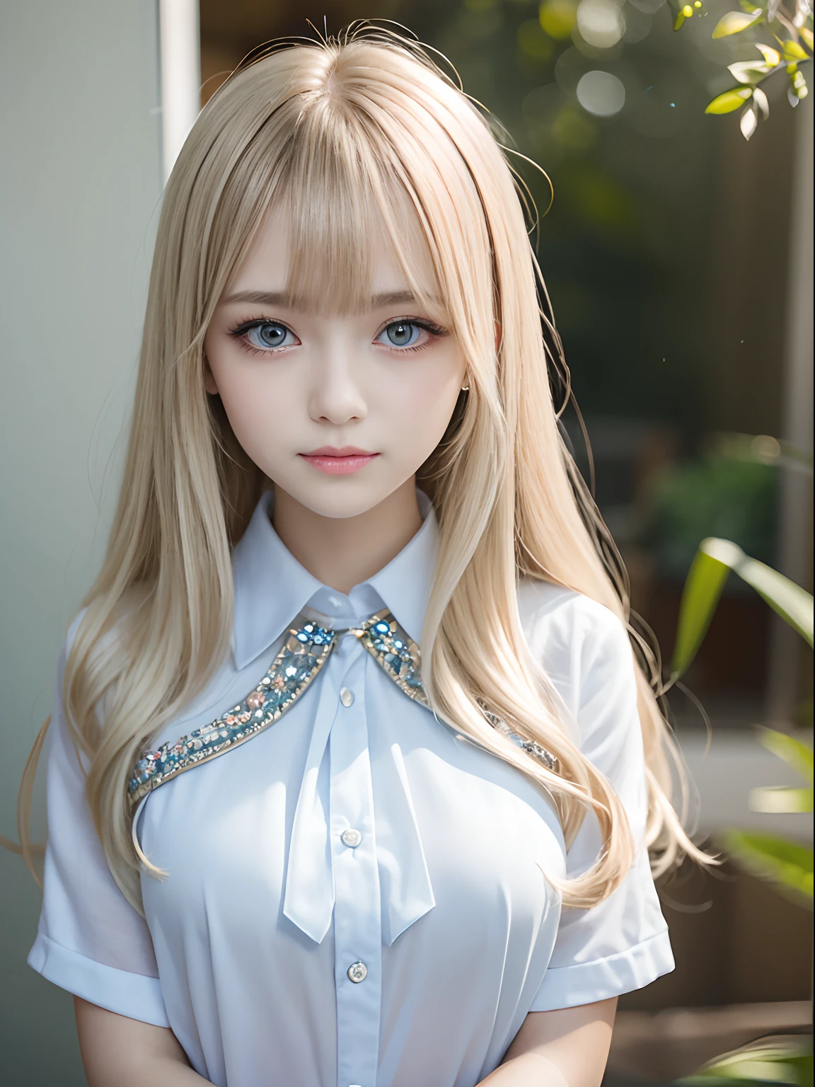 portlate、School Uniforms、bright expression、Young shiny shiny white shiny skin、Best Looks、Blonde reflected light、Platinum blonde hair with dazzling highlights、shiny light hair,、Super long silky straight hair、Beautiful bangs that shine、Glowing crystal clear attractive big blue eyes、Very beautiful nice cute girl、Lush bust、