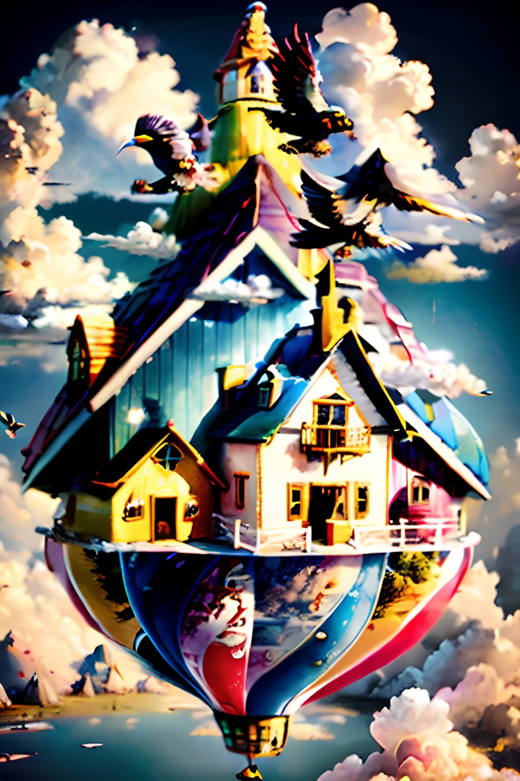 Draw a house in the clouds，A bird flies over it, flying cloud castle, in the style of Cyril Rolando, archan nair, Cloud Palace, Stylized digital illustration, Inspired by Cyril Rolando, fantasy house, Floating city in the sky, magically shaped surrealism, surrealistic digital artwork, palace floating in the sky, Surreal + Highly detailed