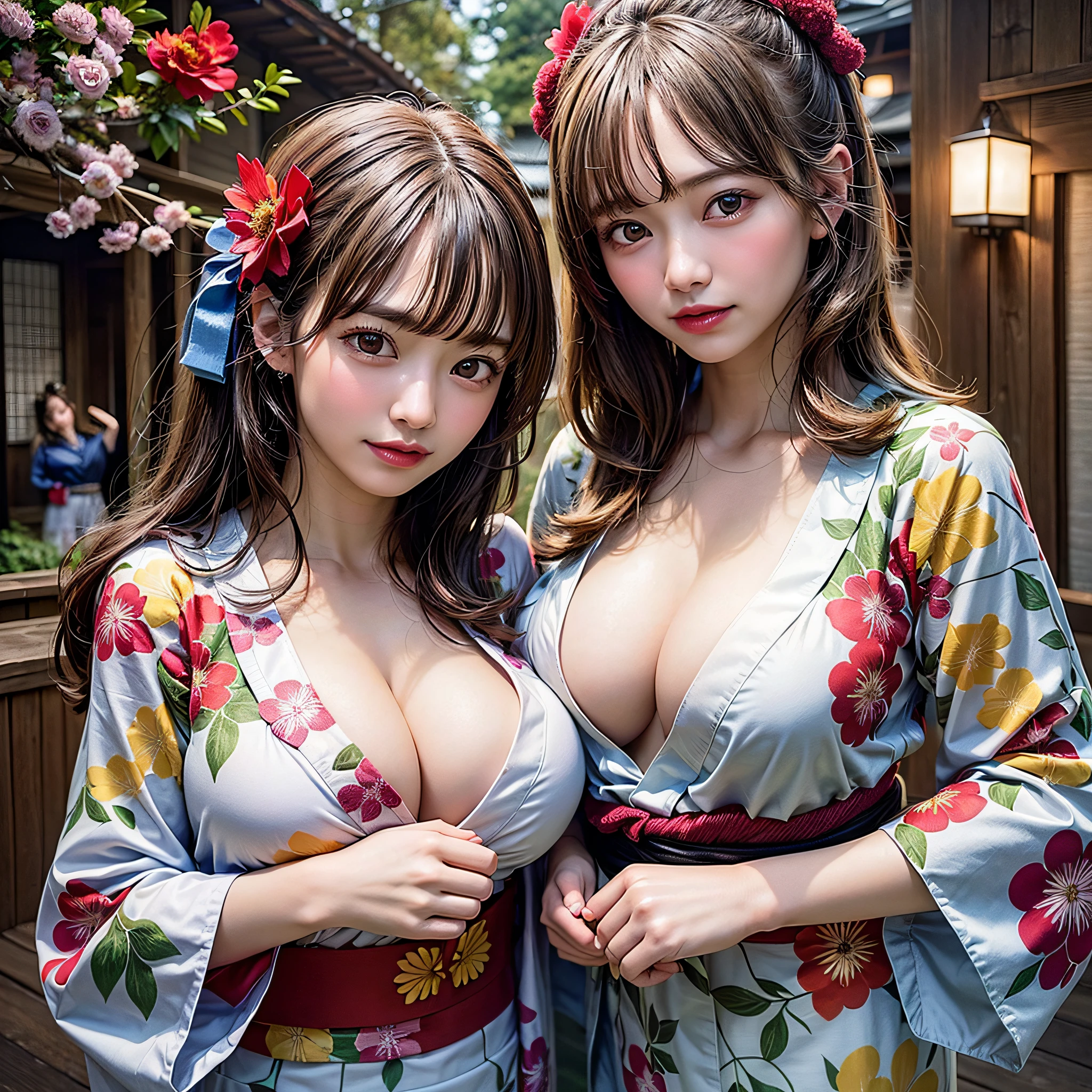 (2girl:1.5), Beautiful girl of the highest grade, Open mouth slightly, Realistic, extremely detailed CG unified 8k wallpaper, ighly detailed, High-definition raw color photos, professional photograpy, Realistic portrait, Cinematic Light, Beautiful detailed, (Big breasts:1.5), (cleavage of the breast:1.2), (Bare shoulders), (Floral yukata with wide open chest:1.5), bared chest, Outdoors, Night, (Best Quality:1.4), Super Detail, High quality, masterpiece