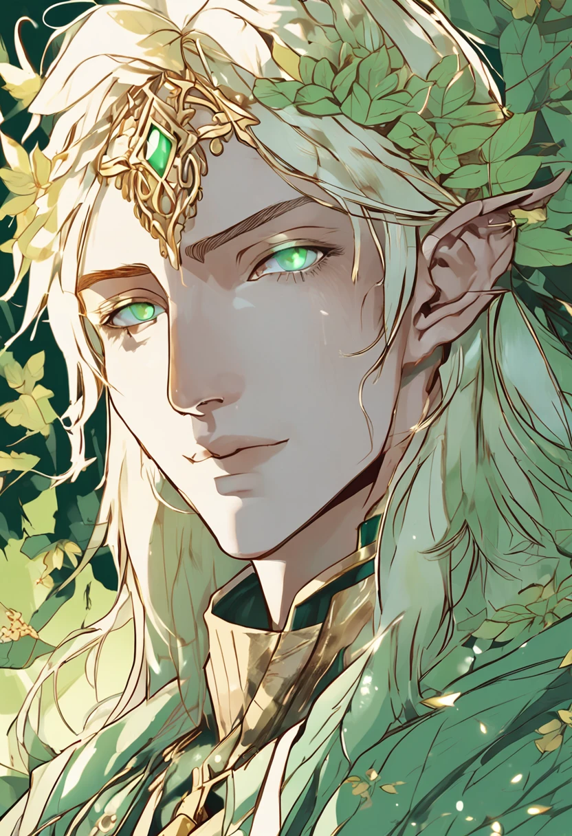 anime, flat vector art, {stunning male fairy elf}, Luminous Studio graphics engine, goth Renaissance, long blonde hair, ethereal mint green irises, light skin, perfect and detailed angular sharp diamond shaped human face, gold, Ray tracing, full lips, {defined blonde eyebrows}, leaves, gold,green glitter, luxurious forest detailed background, green uniform, (1guy), sharp focus, perfect ???????, extremely detailed illustration, approaching perfection, dynamic, intricate details, ultra high definition, 8k resolution, glamour, glimmer, ethereal, {art by Ayami Kojima}, {art by Heise}, artstation, aesthetic, gothic, Lace, concept art, smooth, dreamy, backlit, fantastical, shadows, smooth, illustration, androgynous