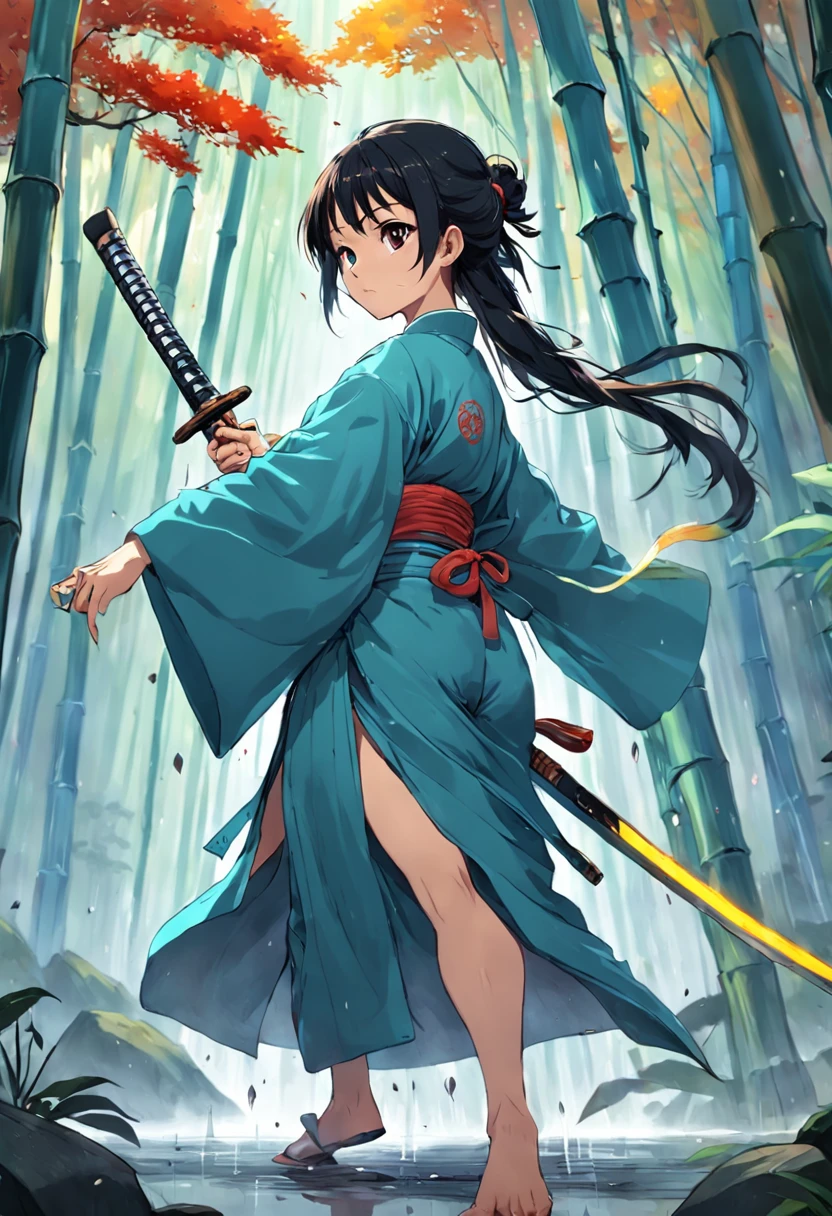 1 Oriental female swordsman,Dancing swords in a bamboo forest in the rain