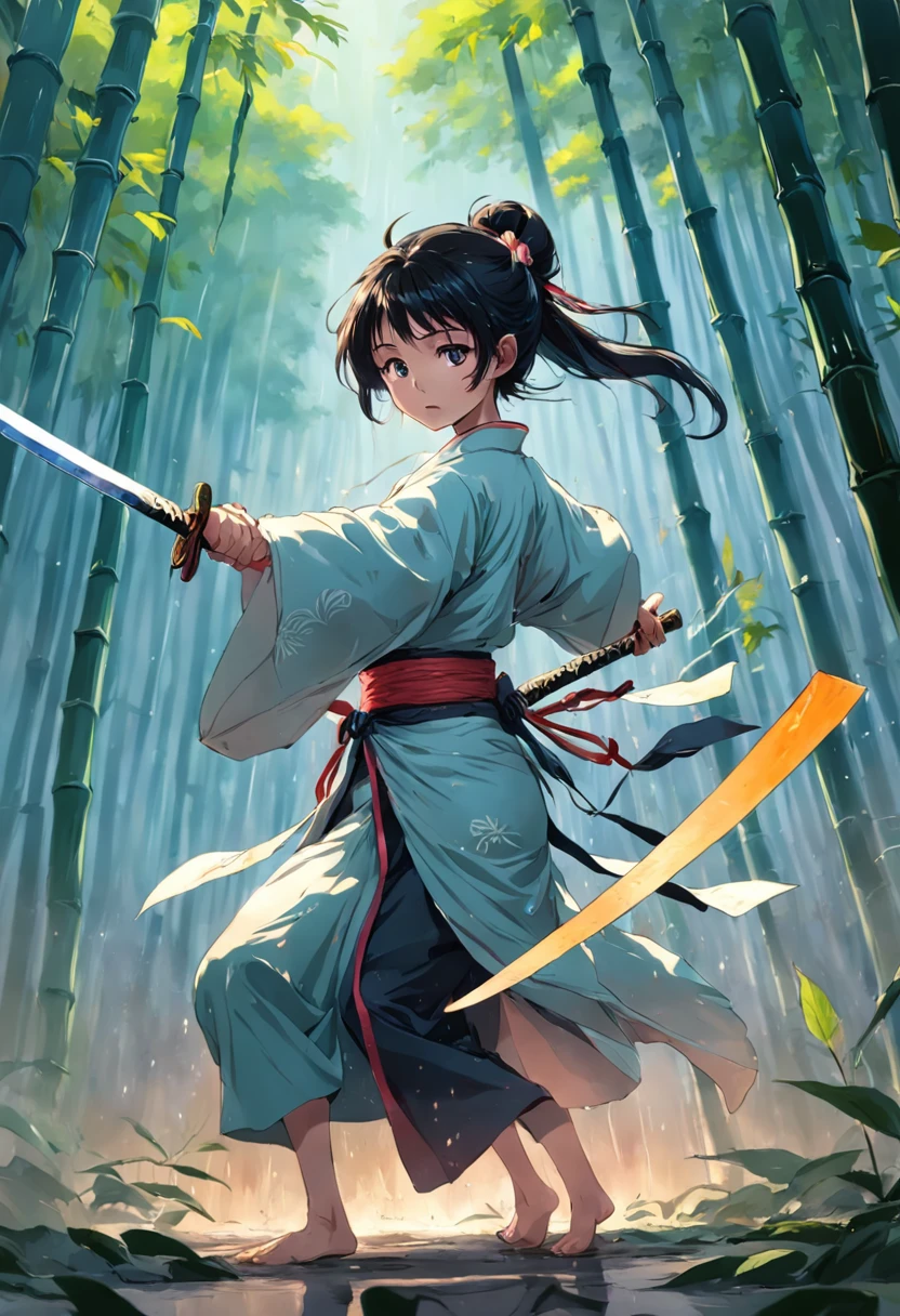 1 Oriental female swordsman，Dancing swords in a bamboo forest in the rain