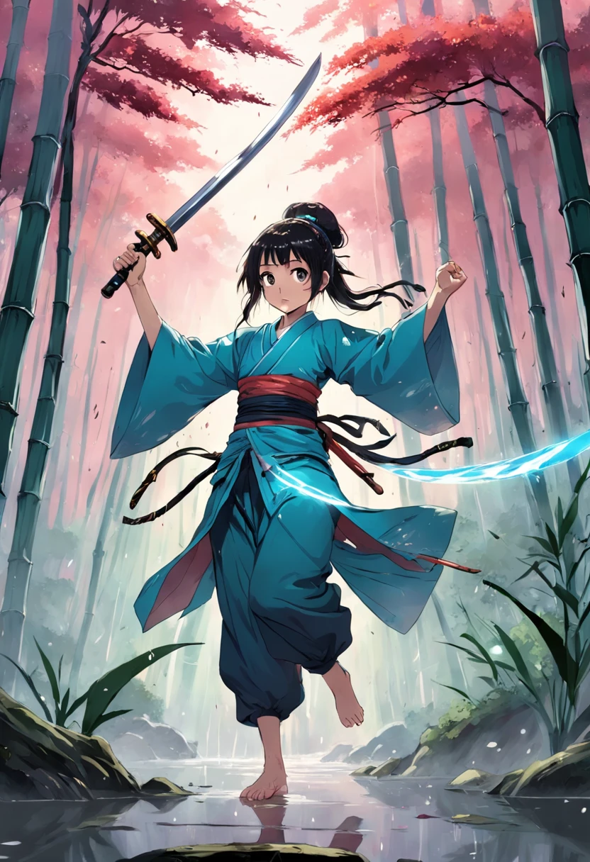 1 Oriental female swordsman，Dancing swords in a bamboo forest in the rain