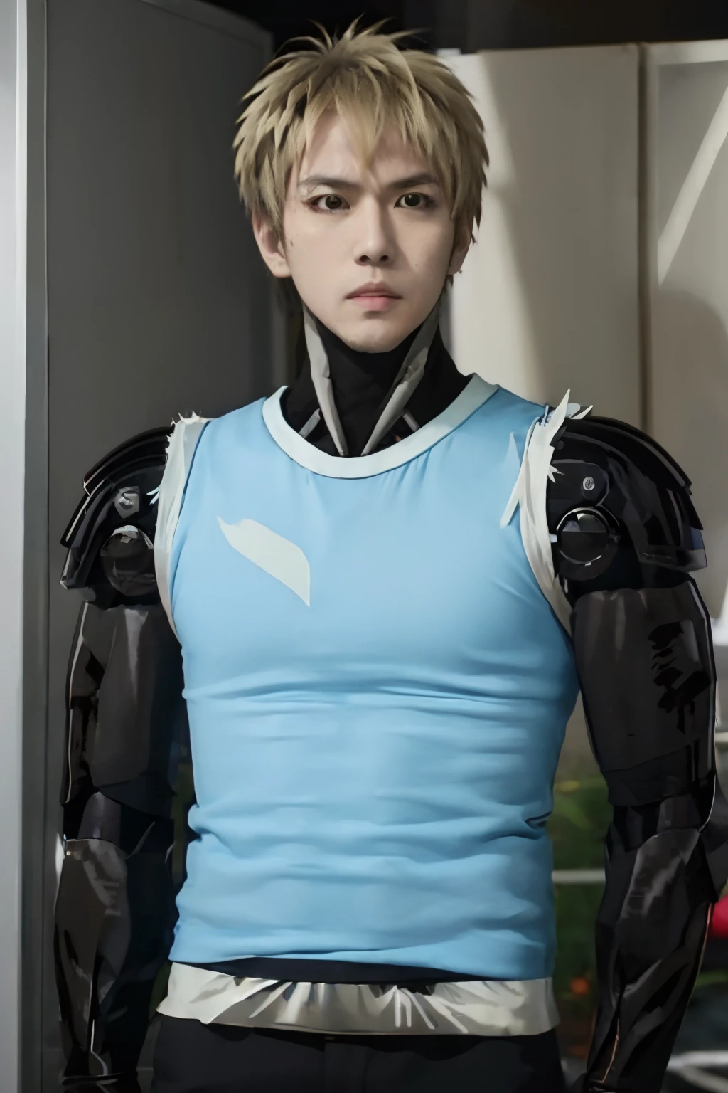 (masutepiece, Best Quality:1.4), Colorful, High contrast, Genos Parker, Sleeveless, Black pants, mechanical arms, Upper body, realisitic、Live Action、