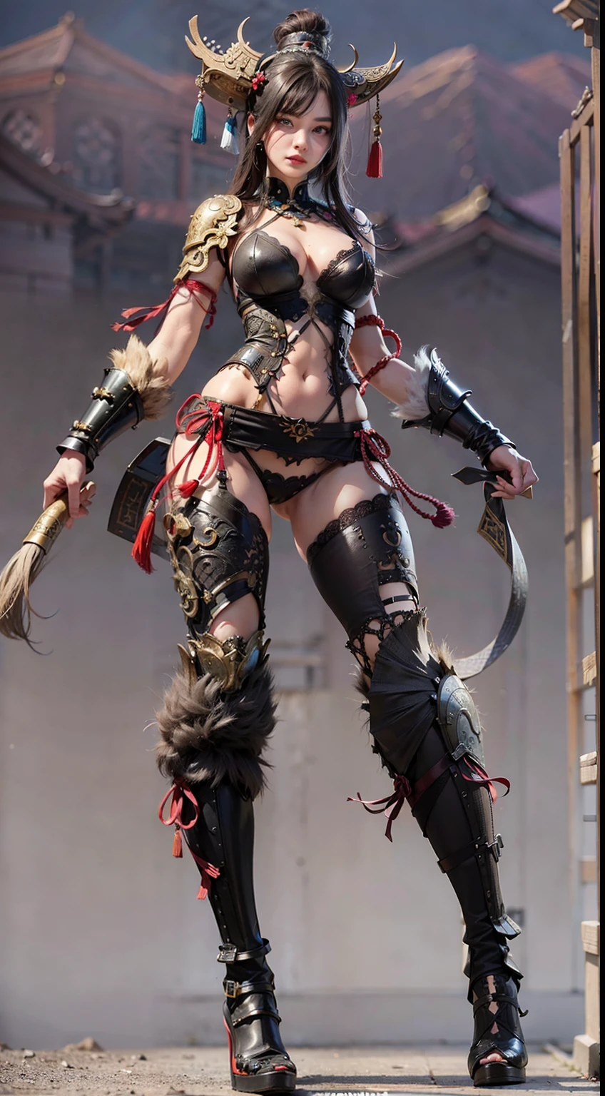 Ancient Chinese architecture，Female warriors in national style，Wear revealing armor，Simple clothing， Minimalist style，Mixed Chinese and American races，The background is blurred out，focal，Cowboy shot，电影灯光，(((tmasterpiece))), ((best qualtiy)), ((Complex and detailed)), ((ultra-realistic realism)), Ridiculous resolution, A MILF, Mature woman, ssee-through, highly  detailed, illustratio, 1girll, (mediuml breasts), Thin waist and thick hips，long leges，beatiful detailed eyes, short detailed hair, brunette color hair, a purple eye, blackstockings，lacy clothing，with faintly visible，Cool armor，The body proportions are perfect，（No underwear：1.2），detailed back ground, perfect  eyes, Seductive eye, （nice hand），Detail hands，looking at viewert，From the front，Wear light，juicy legs，deep v big breasts，Tattooed with