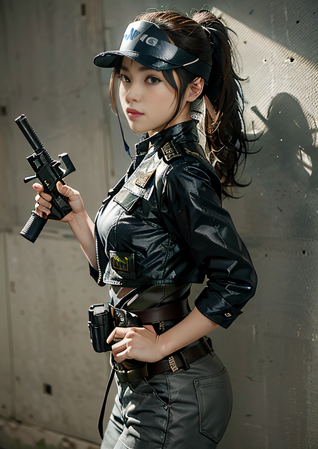 Highest image quality, outstanding details, ultra-high resolution, (realism: 1.4), (cowboy shot, from side view, looking at another), the best illustration, favor details, highly condensed 1girl, with a delicate and beautiful face, vigilance, ((holding a gun at the ready)), ponytail, captain, (wearing racing suit likes police uniform, black and gray mecha, wearing a visor, military harness, attached grenades, bring a machinegun), background simple grey wall,