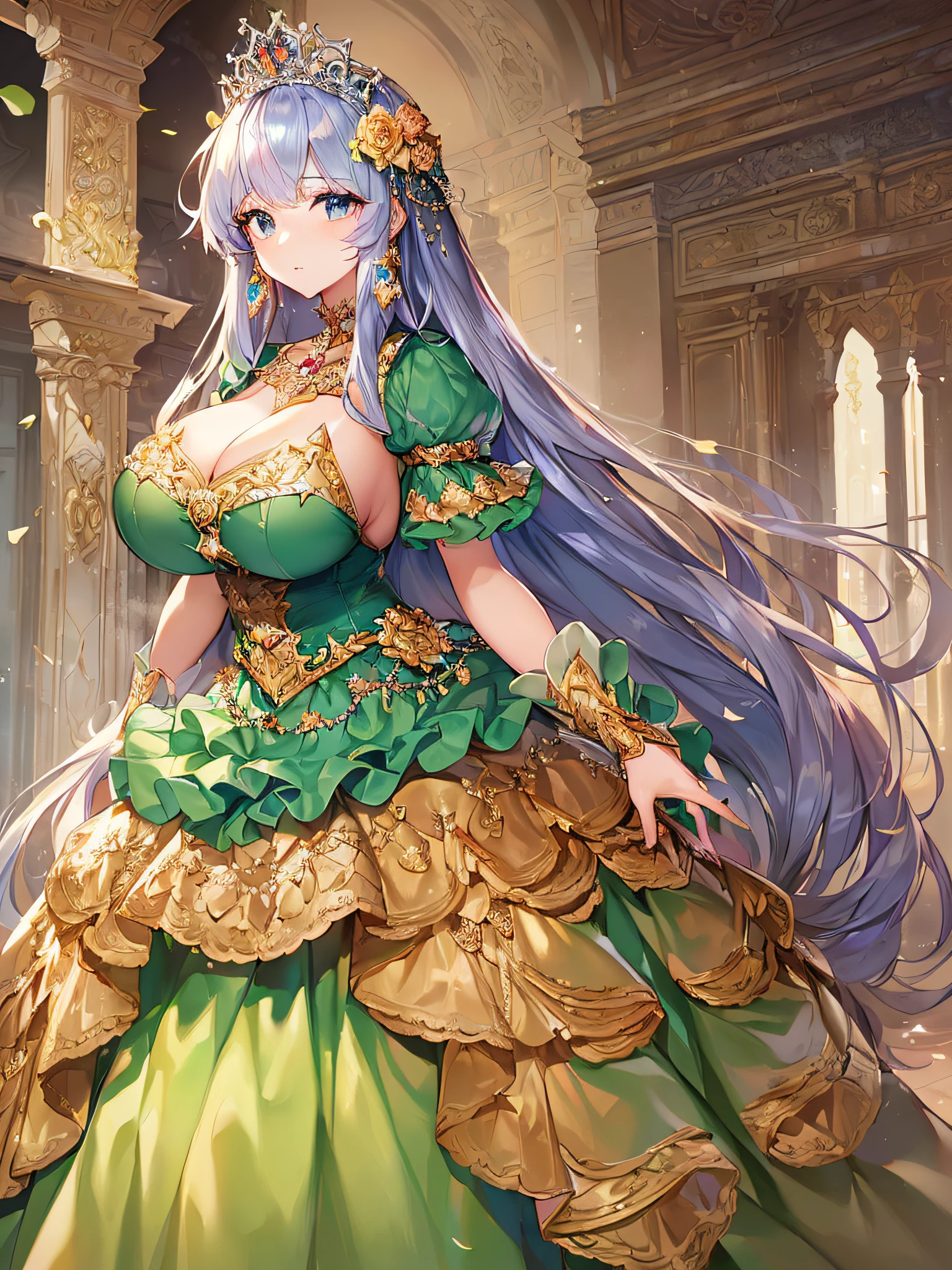 ((anime artstyle)),(Masterpiece),(Best Quality), (Super Detail),((Very Delicate and Beautiful)),(((Solo))),((full body portrait)),((1 princess in gorgeous princess rococo ballgown with voluminous full length hoop skirt)),((crinoline)),Long train,(((standing in garden))),(gorgeous gemstone jewelry),detailed face and eyes,jewel-like eyes,((large amount of straight hair,extremely voluminous Hair,Very Long Straight Hair)),((gigantic tits,Long tits)),cleavage,extremely gorgeousfull hair ornament,((bling-bling extremely gorgeousfull jeweled tiara)),((Dynamic Angle)),Looking at viewer,,flowers,flower petals flowing,((gorgeous princess rococo ballgown with voluminous full length hoop skirt))