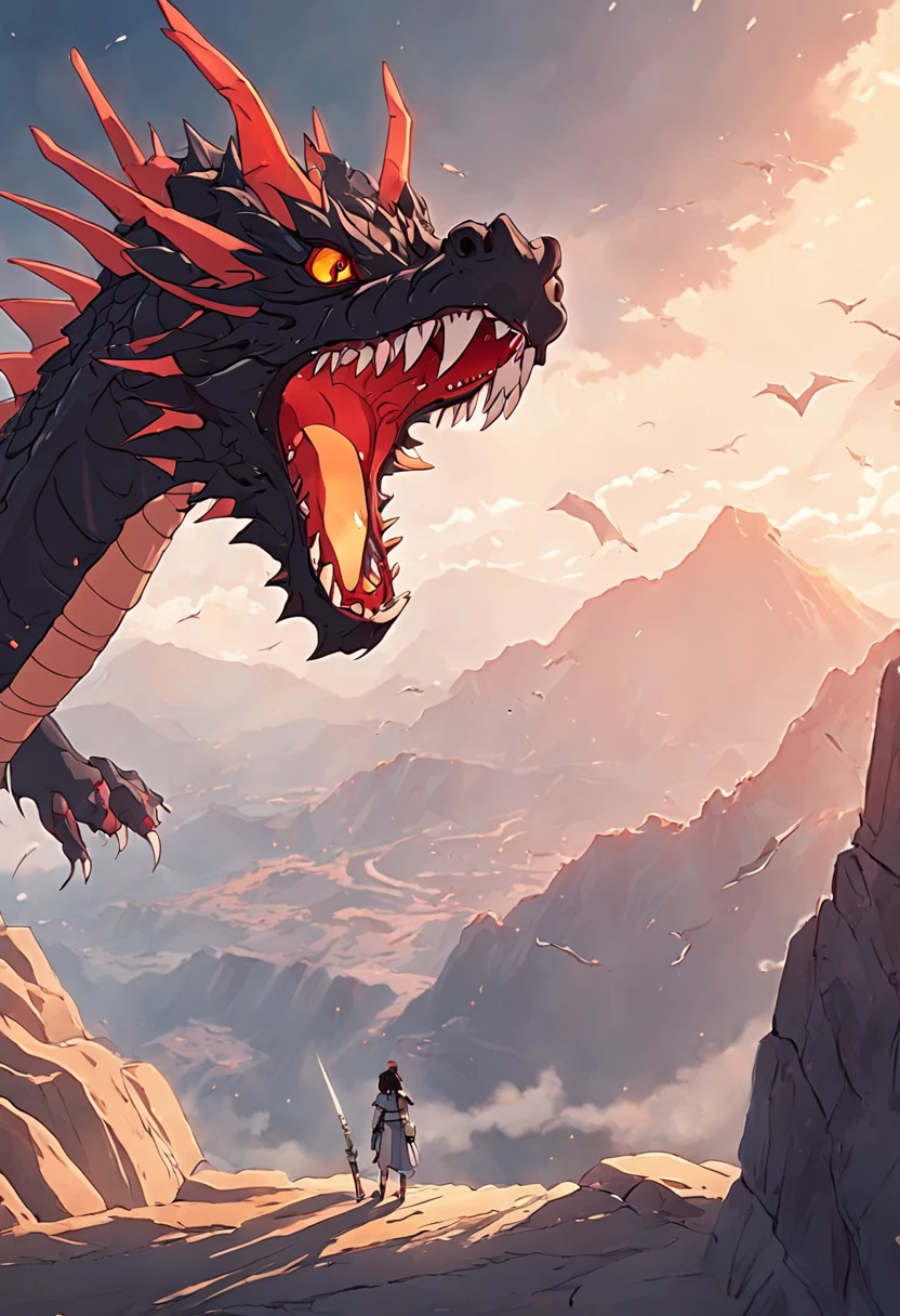 Mountains Canyon Black Dragon Sunny Day The lone special forces fighter UFO is attacking the dragon