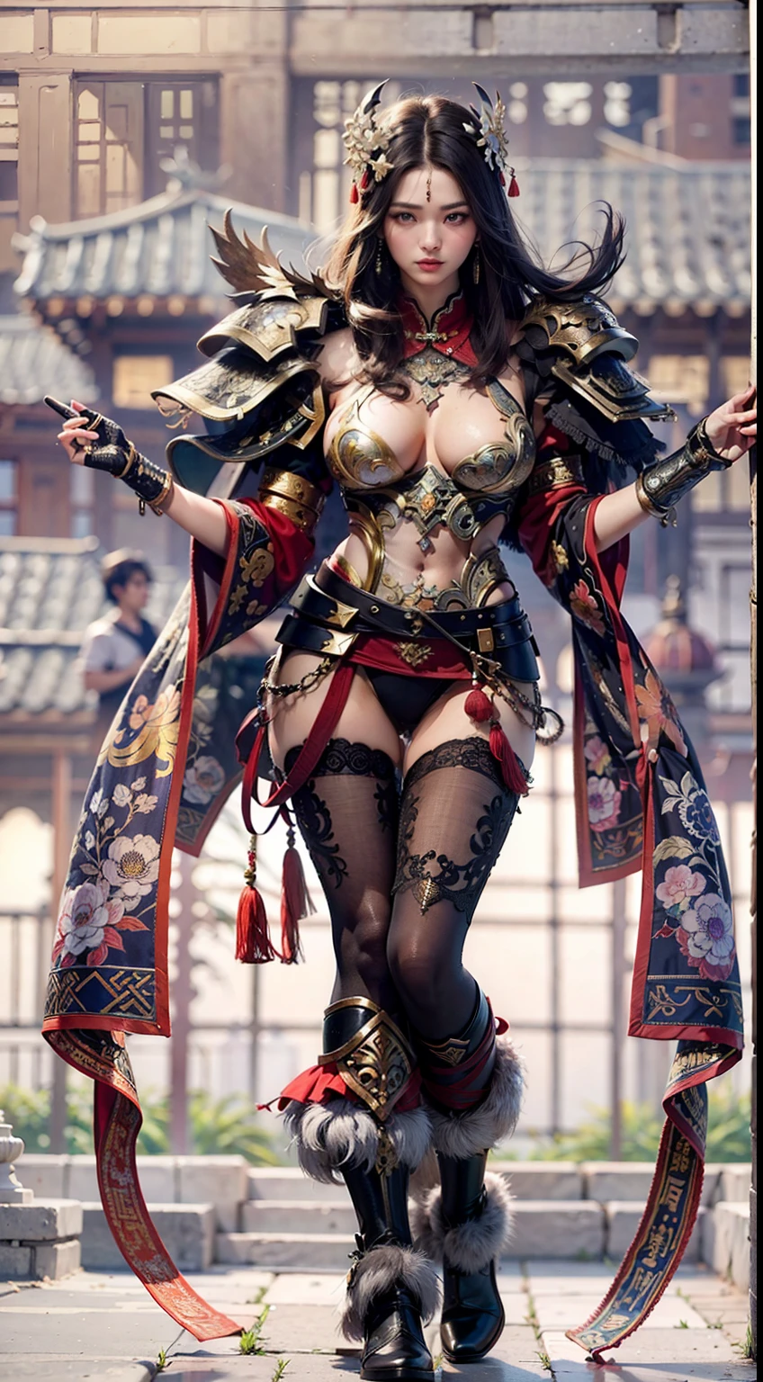 Ancient Chinese architecture,Female warriors in national style,Wear revealing armor,Simple clothing, Minimalist style,Mixed Chinese and American races,The background is blurred out,focal,Cowboy shot,电影灯光,(((tmasterpiece))), ((best qualtiy)), ((Complex and detailed)), ((ultra-realistic realism)), Ridiculous resolution, A MILF, Mature woman, ssee-through, highly detailed, illustratio, 1girll, (mediuml breasts), Thin waist and thick hips,long leges,beatiful detailed eyes, short detailed hair, brunette color hair, a purple eye, blackstockings,lacy clothing,with faintly visible,Cool armor,The body proportions are perfect,(No underwear:1.2),detailed back ground, perfect eyes, Seductive eye, (nice hand),Detail hands,looking at viewert,From the front,Wear light,juicy legs,deep v big breasts,Tattooed with