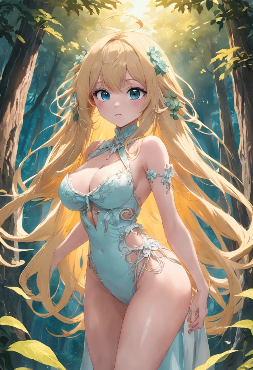 (Best Quality,Unparalleled Masterpiece:1.4),Ultra-Detailed CG 4K,(Ultra-Detailed Clear Absurdly-Vivid Mint Big Eyes:1.2),Gorgeous Round Detailed Face(Voluptuous:1.4)Elf(SFW Gigantic Breasts:1.8)(Voluminous Long Blonde Hair: 1.4),ADULT(Bangs, Sidelocks:1.2)Seductive(intricately detailed white dress:1.3)(Zelda)(Celestine Lucullus: 1.2)(Solo:1.4)(1Girl: 0.5)(Facing Viewer:1.2)(arms behind back:1.2)(Cowboy Shot:1.2)(from above:1.1),Skindentation(Curvaceous:1.4)(Curvy:1.4)(Bimbo: 1.4)(Normal Waist: 1.2)(Thick Lips: 1.3)small-nose(light smile: 1.2)Rocks,Trees, Plants,Bush,