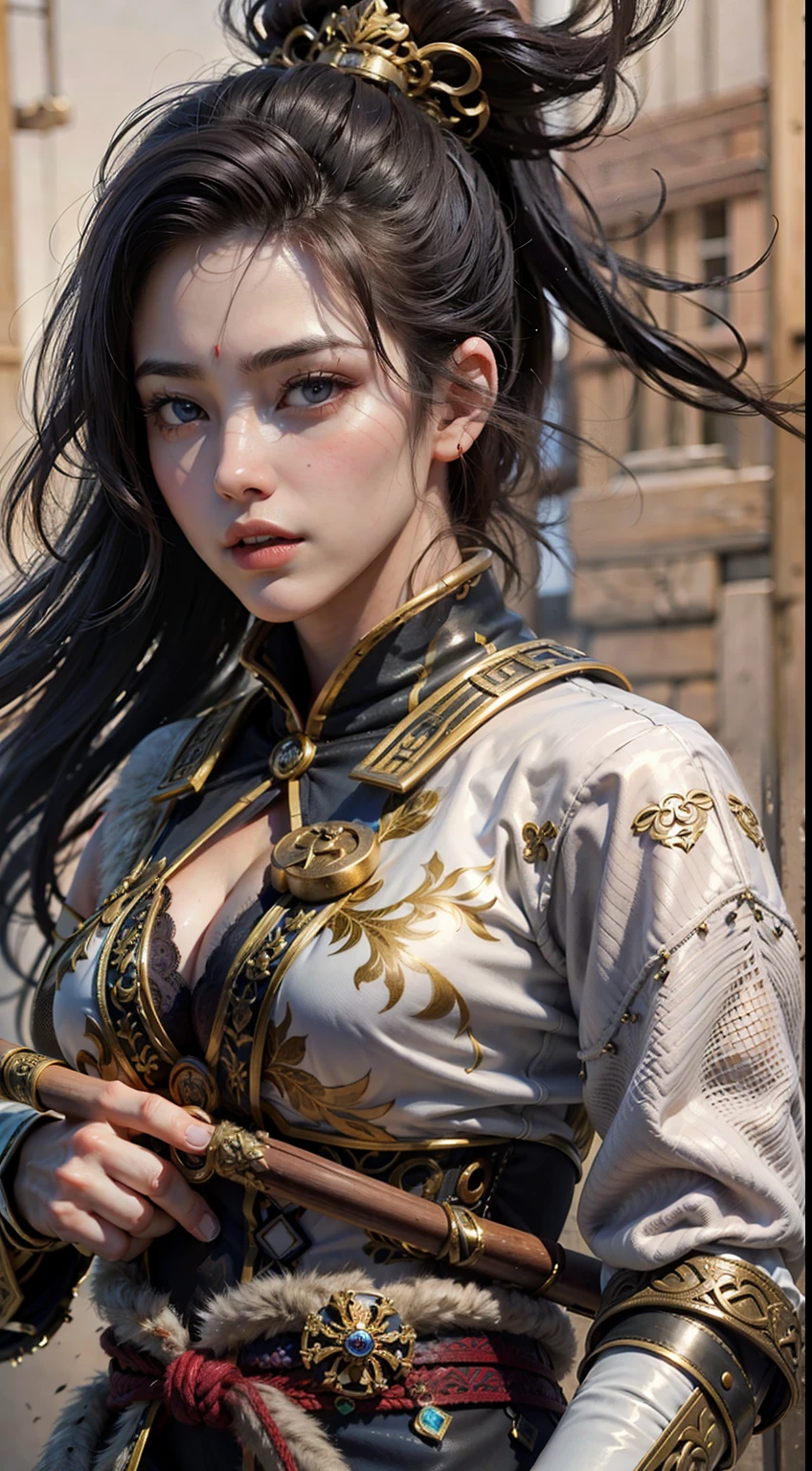 Ancient Chinese architecture，Female warriors in national style，Wear revealing armor，Simple clothing， Minimalist style，Mixed Chinese and American races，The background is blurred out，focal，Cowboy shot，电影灯光，(((tmasterpiece))), ((best qualtiy)), ((Complex and detailed)), ((ultra-realistic realism)), Ridiculous resolution, A MILF, Mature woman, ssee-through, highly  detailed, illustratio, 1girll, (mediuml breasts), Thin waist and thick hips，long leges，beatiful detailed eyes, short detailed hair, brunette color hair, a purple eye, blackstockings，lacy clothing，with faintly visible，Cool armor，The body proportions are perfect，（No underwear：1.2），detailed back ground, perfect  eyes, Seductive eye, （nice hand），Detail hands，looking at viewert，From the front，Wear light，juicy legs，deep v big breasts，Tattooed with