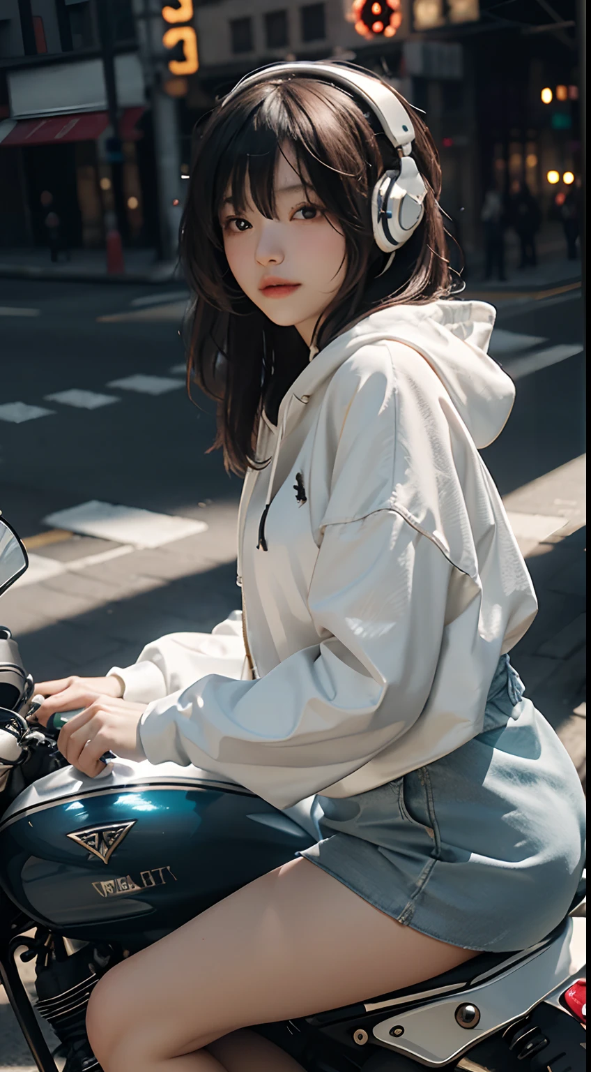 Highest image quality,Outstanding details,超高分辨率,(Fidelity:1.4),The best illustration,Favor the details,Highly cohesive 1girl,He has a delicate and beautiful face,Put on a colorful hood,1.1,with headphones on,Ride a metal motorcycle,1girll,a white long skirt,The background is a high-tech lighting scene in the future city。