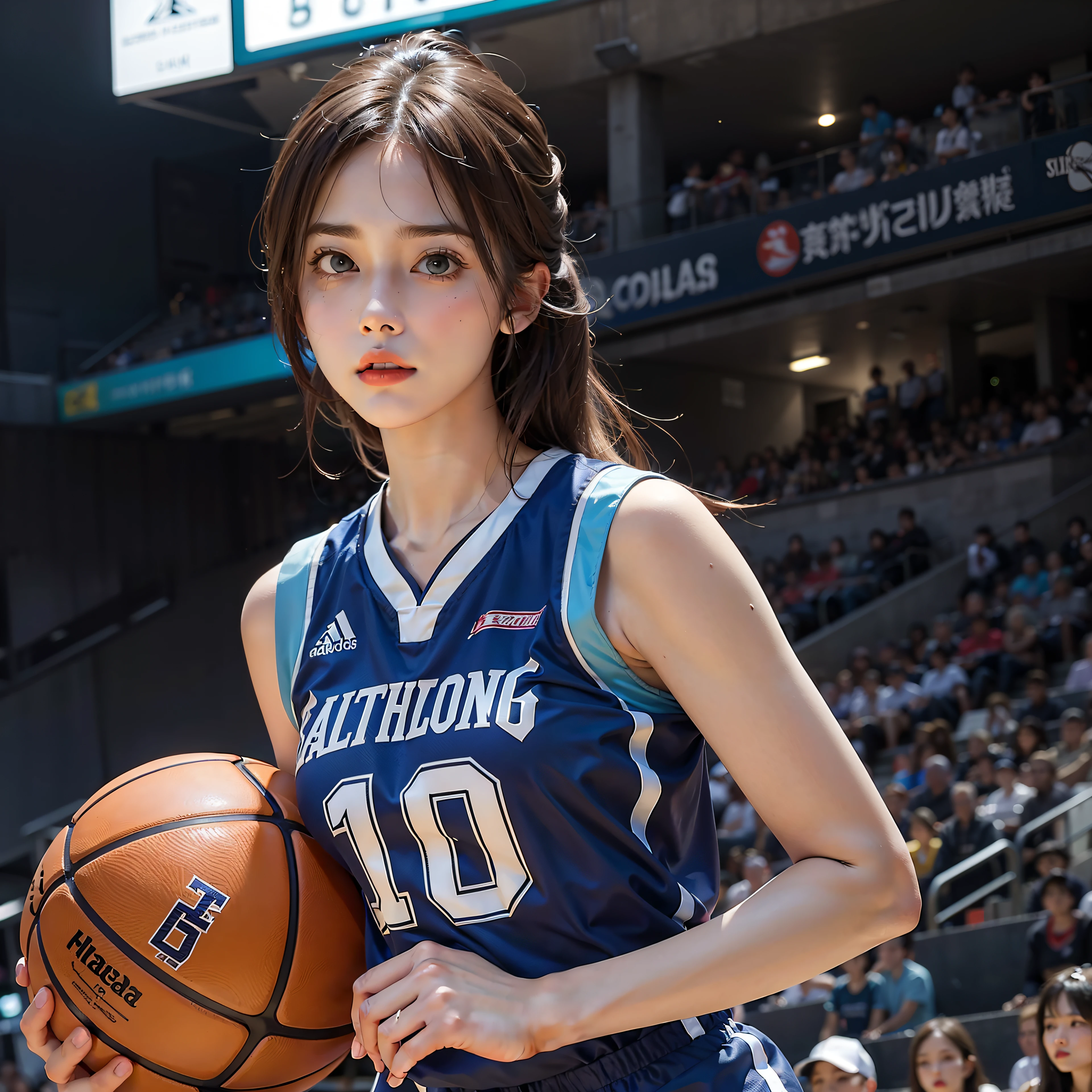 masterpiece,a realistic beautiful girl basketballwear,field basket