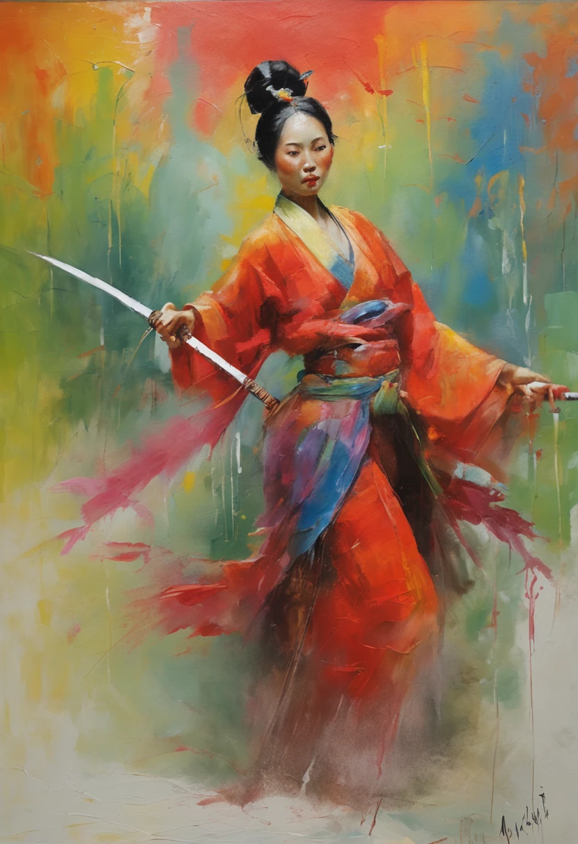 1 Oriental female swordsman,Dancing swords in a bamboo forest in the rain