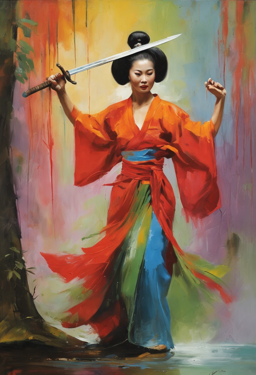 1 Oriental female swordsman，Dancing swords in a bamboo forest in the rain