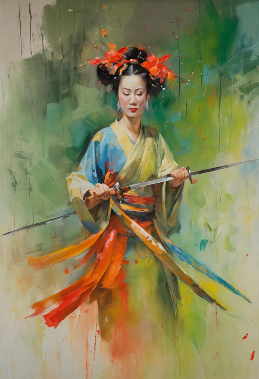 1 Oriental female swordsman,Dancing swords in a bamboo forest in the rain