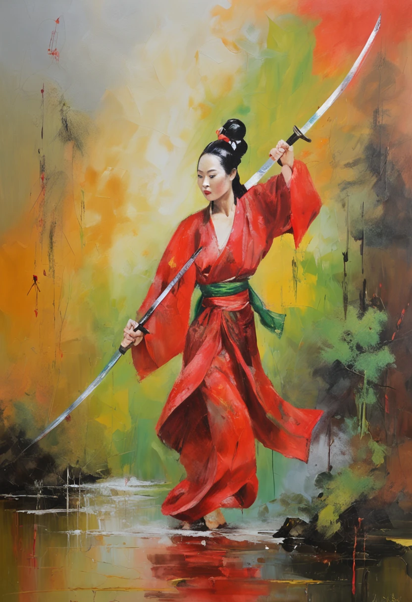 1 Oriental female swordsman，Dancing swords in a bamboo forest in the rain