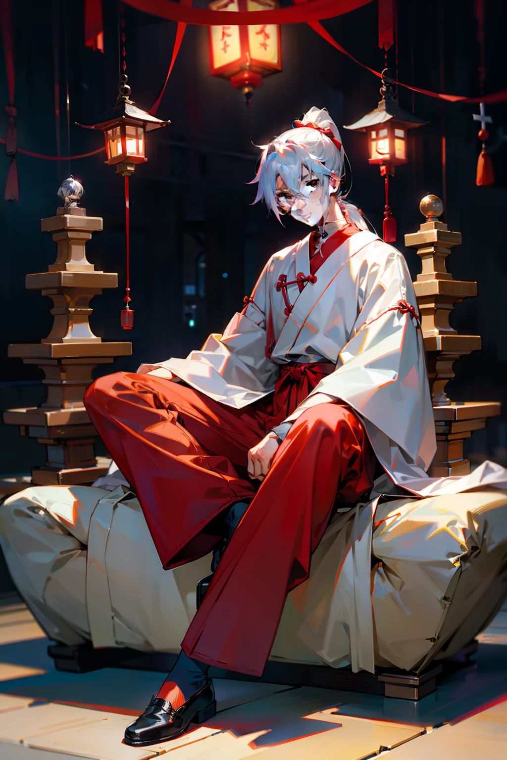 1 boy full body photography man sitting cross-legged man red han element shirt standing silver hair high ponytail lantern loose long pants wide sleeves。