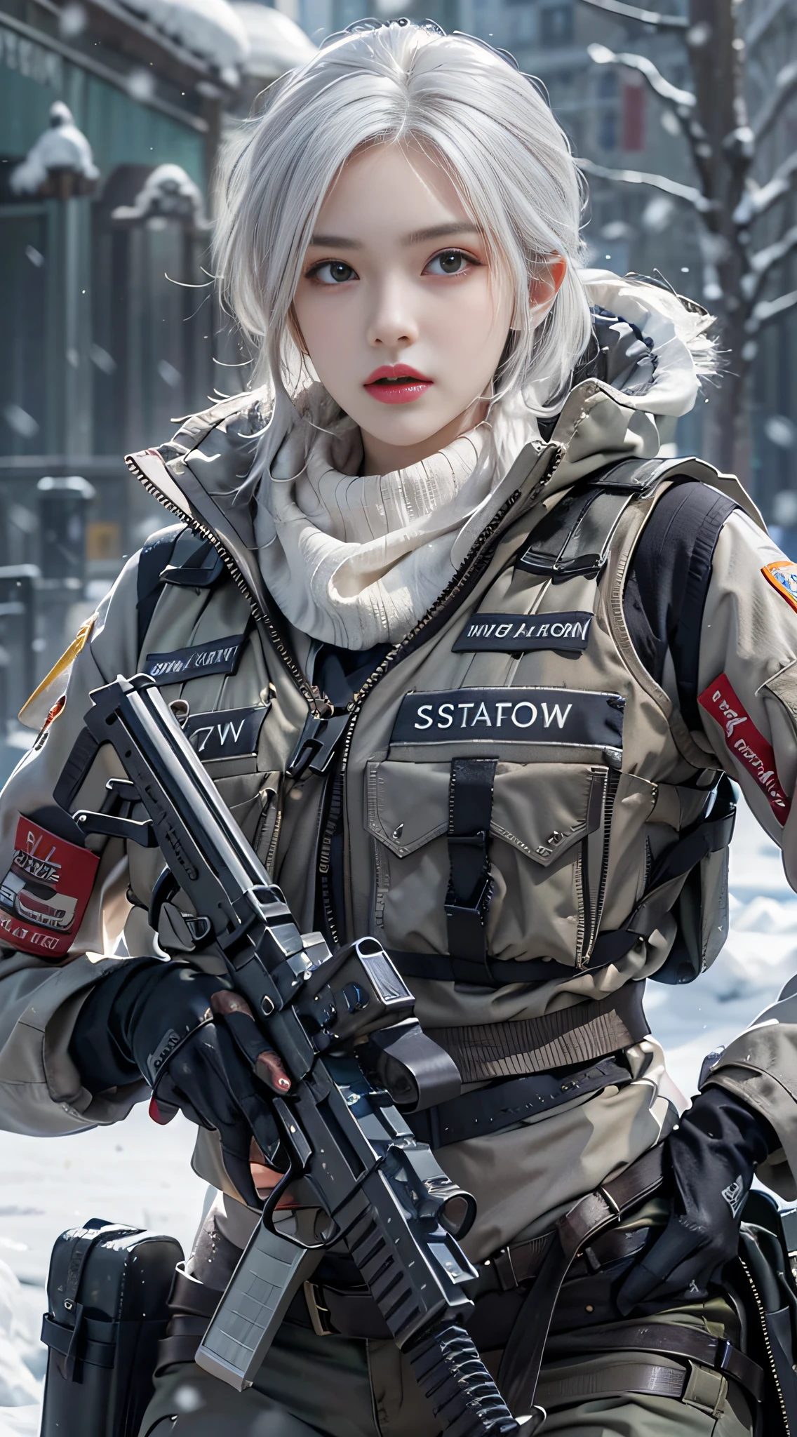 Photorealistic, high resolution, 1womanl, Solo,Snow background, looking to the camera, (Detailed face), White hair, SWAT vests, Gun, jewelry，Fingers are occluded