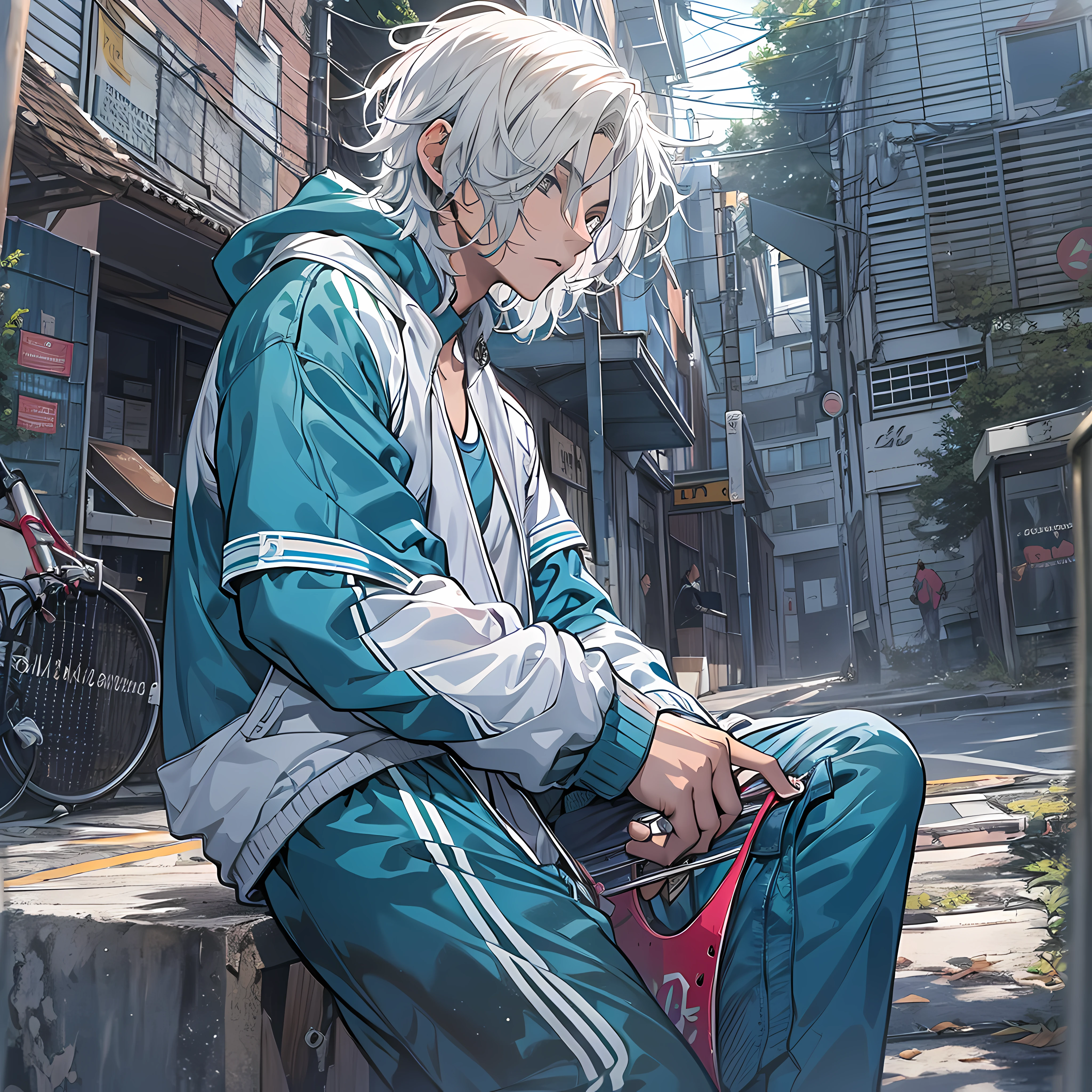 Best quality, Masterpiece, In the daytime, Have on the street，Behind it is a guitar shop,1 boy，High school students，Silvery hair，short detailed hair，Messy hairstyle， Black eyes，vacant eyes，(Blue and white tracksuit:1.3)，Standing on the ground