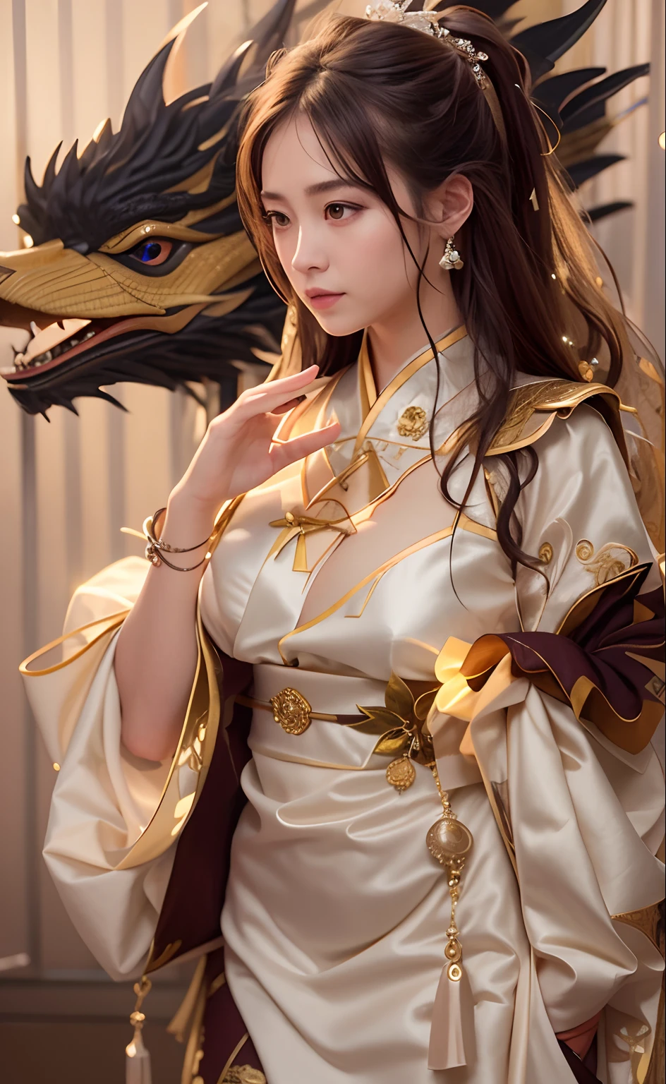 Exquisite at its best ,Masterpiece, illustration, An extremely delicate and beautiful, Extremely detailed ,CG ,Unity ,8K wallpaper, Amazing, finedetail, Masterpiece,Best quality,offcial art,Extremely detailed Cg Unity 8K wallpaper,absurderes, unbelievable Ridiculous, hugefilesize , Ultra-detailed, A high resolution, Extremely detailed,Beautiful detailed girl, Extremely detailed eyes and face, Beautiful detailed eyes,light in face,1girll, circle of the crone, cleavage, Real face, standing, dress, Chinese_clothes,  Natural face, Textured clothes, Earrings, eyeslashes, Hair_decorations, jewelry, Soft lighting, Mountains, Natural scenery, Blossom, Cinematic lighting ,